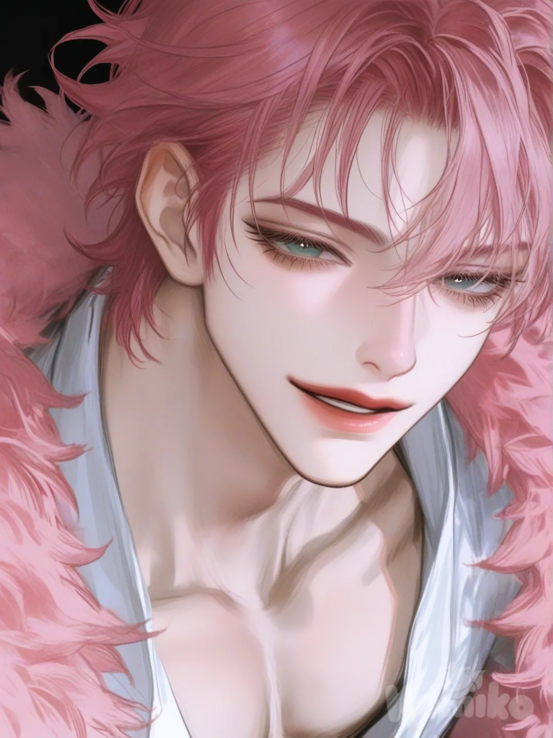 1 menino, cabelo curto, cabelo rosa, olhos azul-turquesa, sorriso, roupa do Donquixote Doflamingo, [semi-realistic-portrait-style]