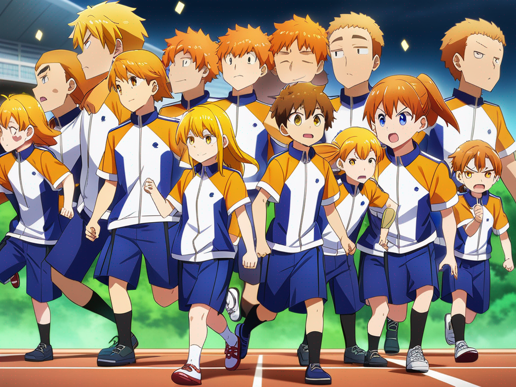 Anime High school boy Wereing a thunderbolt track practice uniform with yellow orange hair and yellow eyes Running on the thunderbolt High School Track with his teammates and his teammates are wearing the same uniform as him in a Anime series style by artist "anime", Anime Key Visual, Japanese Manga, Pixiv, Zerochan, Anime art, fantia reward