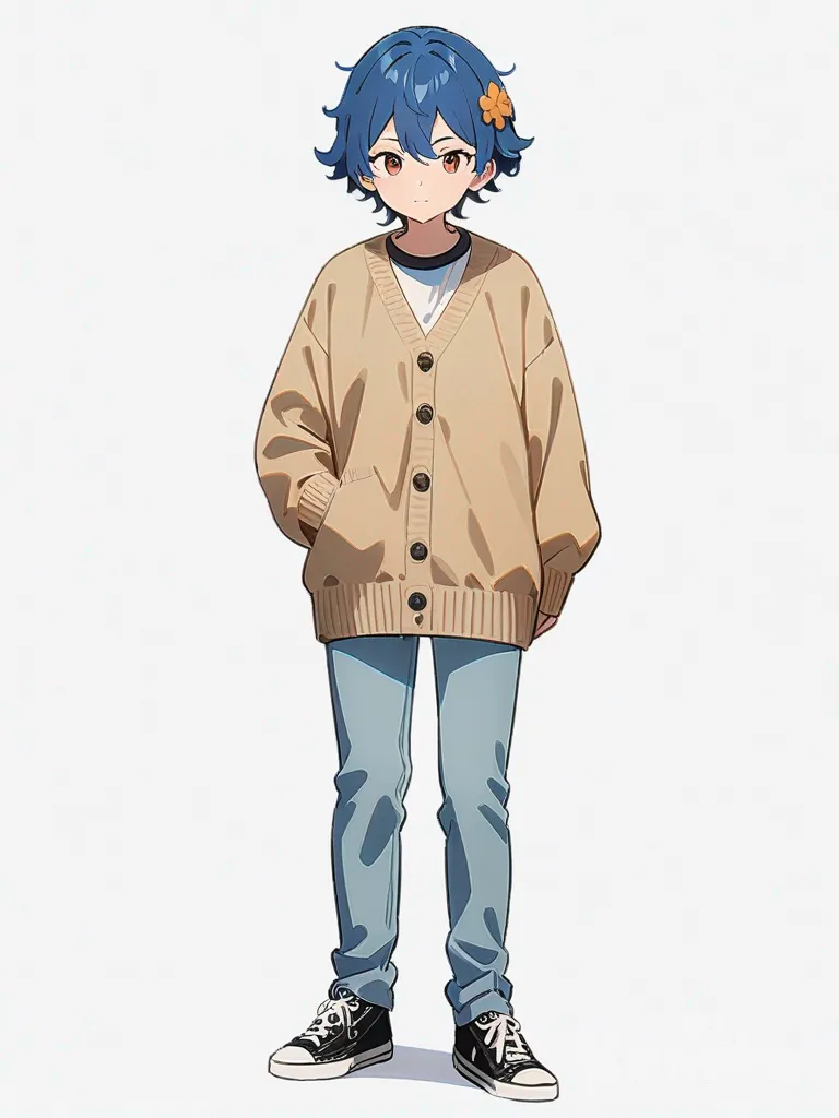 1boy, teenager, tall, blue hair, brown eyes, dimple, fair skin, knitted cardigan, jeans, hair accessory, single character, full body, looking at viewer, anime style, simple background, white background
