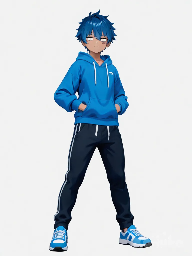 [3d-anime-style] 1boy, blue hoodie, blue hair, white eyes, teenager, athletic, scar, tan skin, anime coloring, single character, full body, looking at viewer, anime style, simple background, white background