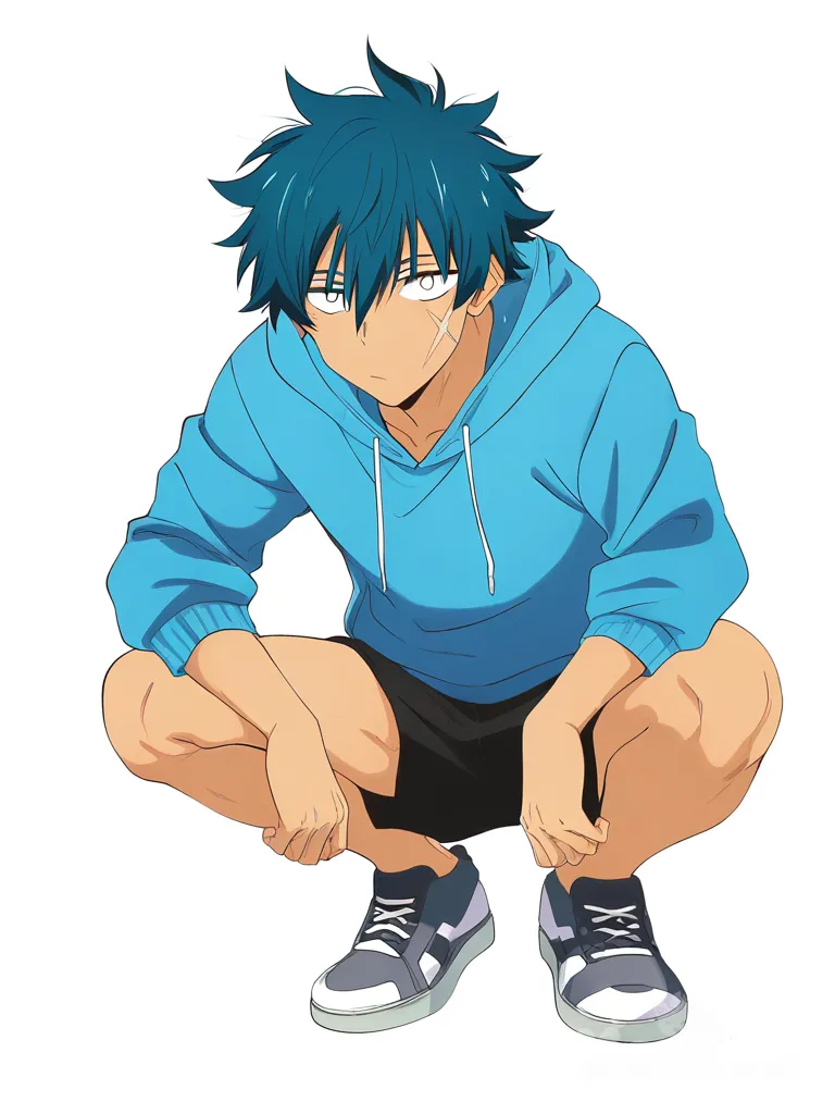 [bright-anime-style] 1boy, blue hoodie, blue hair, white eyes, teenager, athletic, scar, tan skin, anime coloring, single character, full body, looking at viewer, anime style, simple background, white background