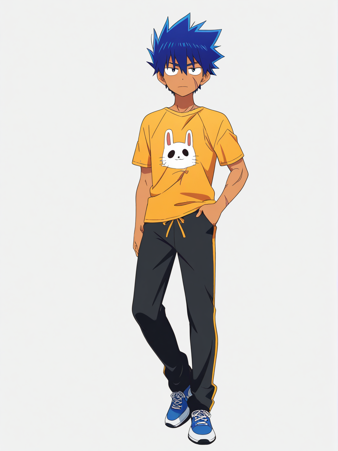 [pop-anime-style] 1boy, blue_hair, white_eyes, tan, athletic, scar, t-shirt, pants, teenager, single character, full body, looking at viewer, anime style, simple background, white background
