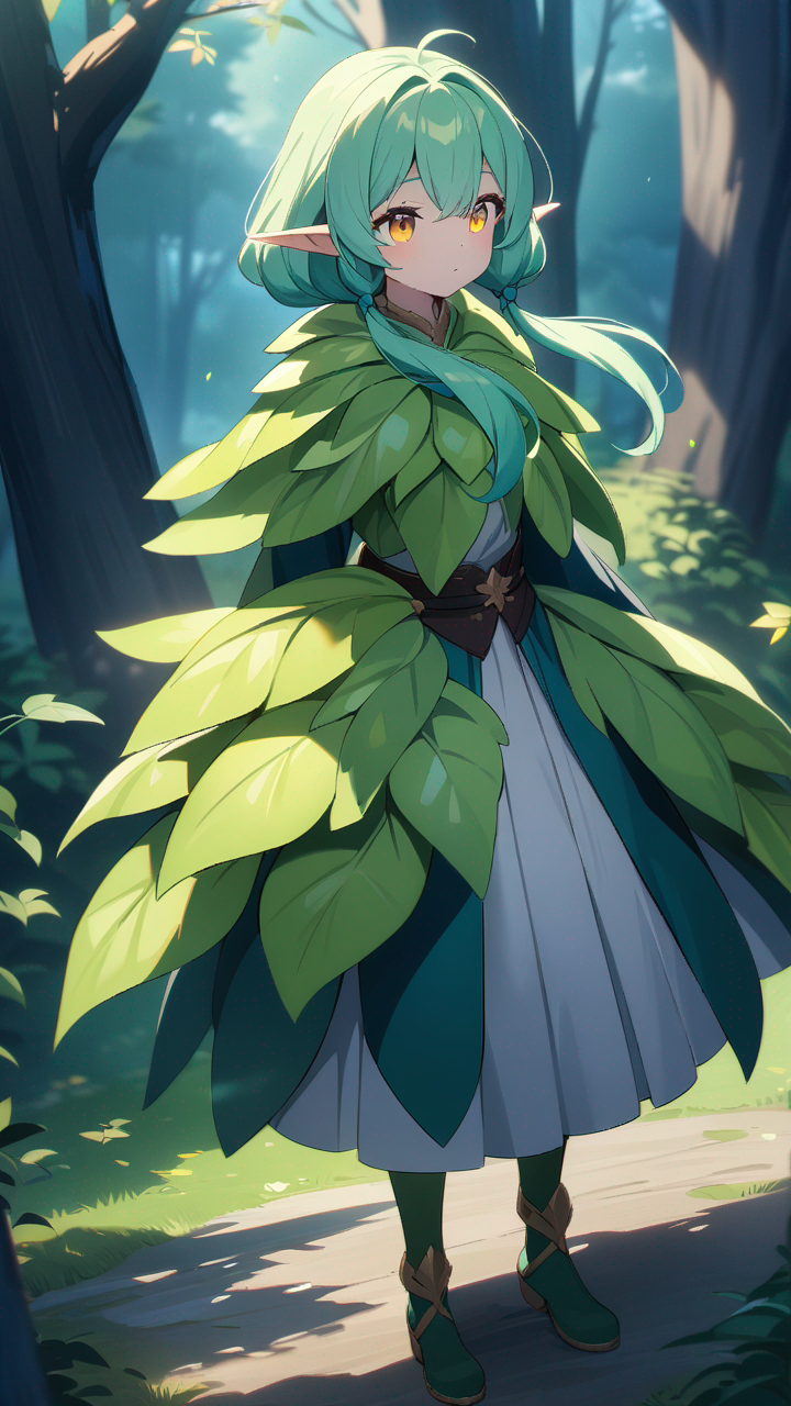 A 120-year-old anime elf girl with long green hair, glowing yellow eyes, wearing leaf armor, standing in an enchanted forest, nature fantasy anime style