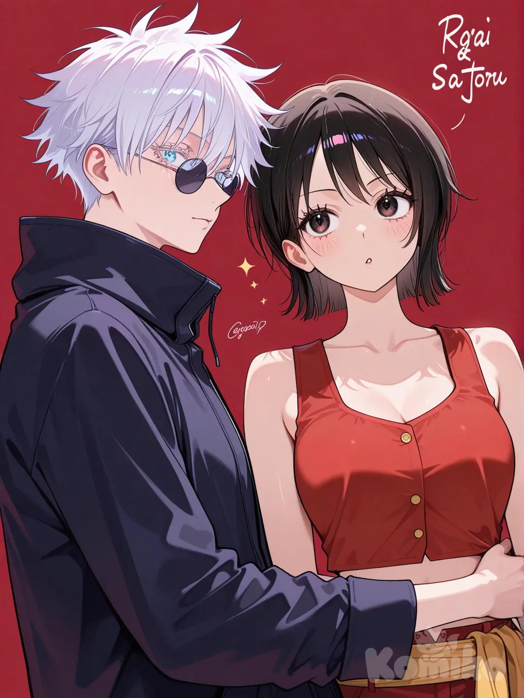 @Gojou_Satoru, 2girls, @Monkey_D._Luffy