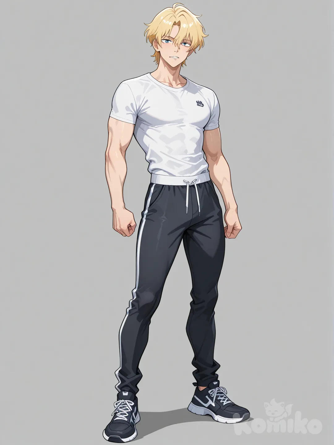 1boy, athletic, blonde hair, grosse bite, single character, full body, looking at viewer, anime style, avec un