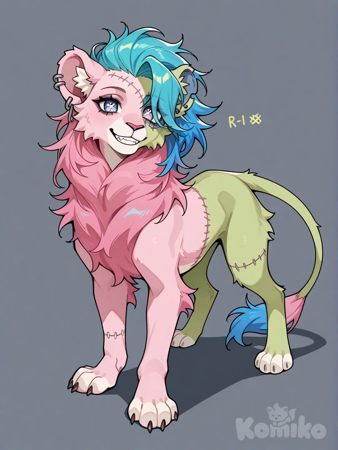 Lion, green on left side, pink on the right side of body, stitches, earing on pink left ear, blue main, X eyes