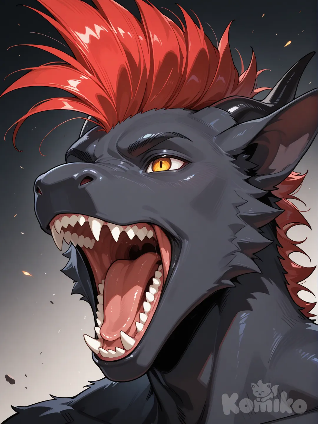 Dragon, black, male, showing maw, anthropomorphic, furry male,red mohawk pfp, head shot