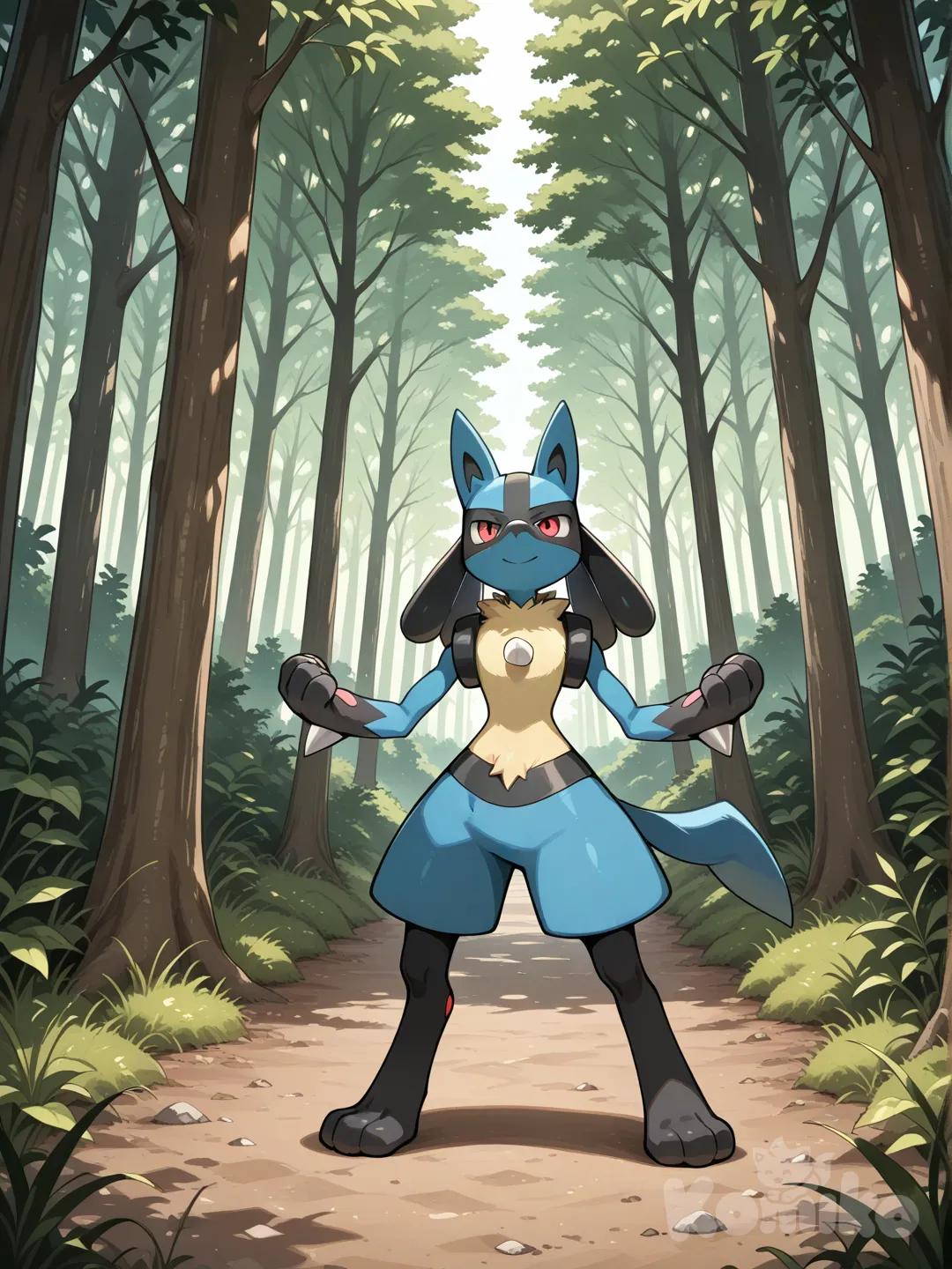 Lucario, smile, in forest