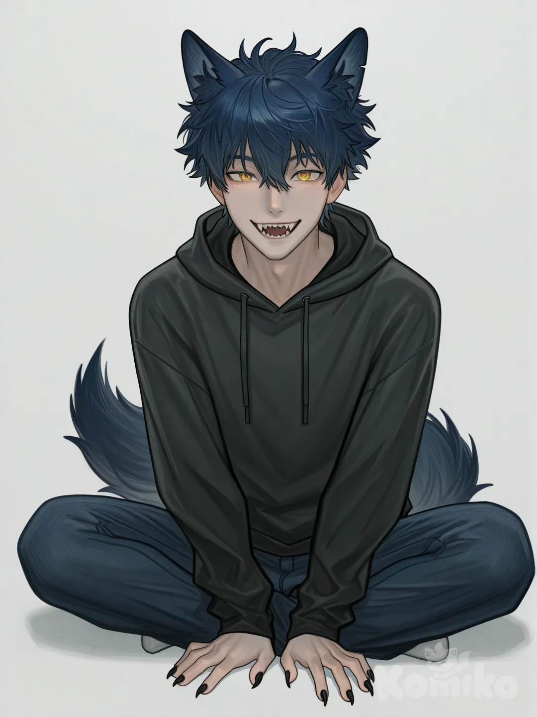 Wolf, blue hair black fur, gold eyes , smiling, male , [digital-painterly-style]