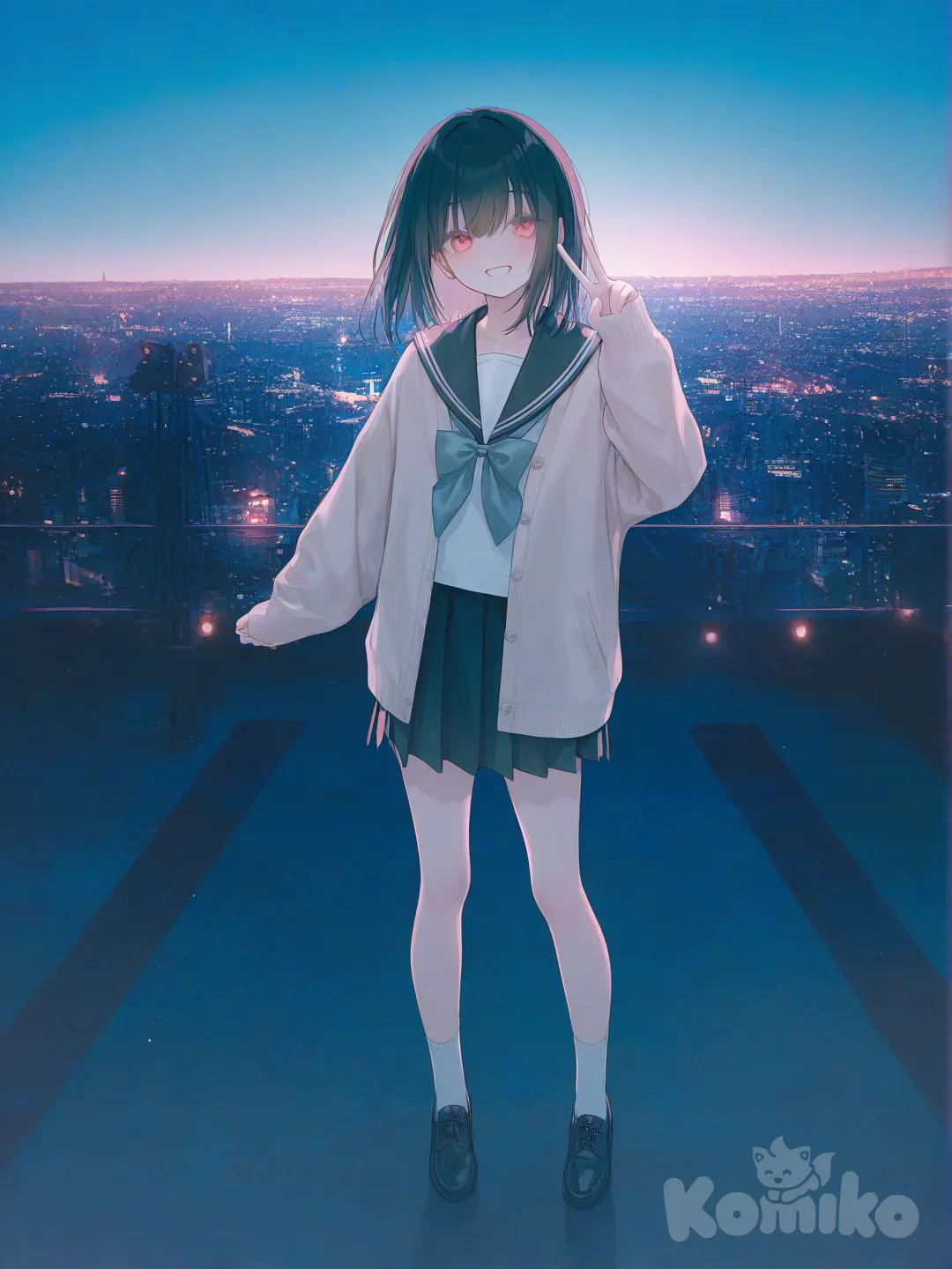 1girl, [soft-pastel-style], v sign, full body, blue sky, stage light, sparkle, twilight, night, day, cinematic lighting, city lights, neon lights, rim light, side light, top light, backlight, ambient light