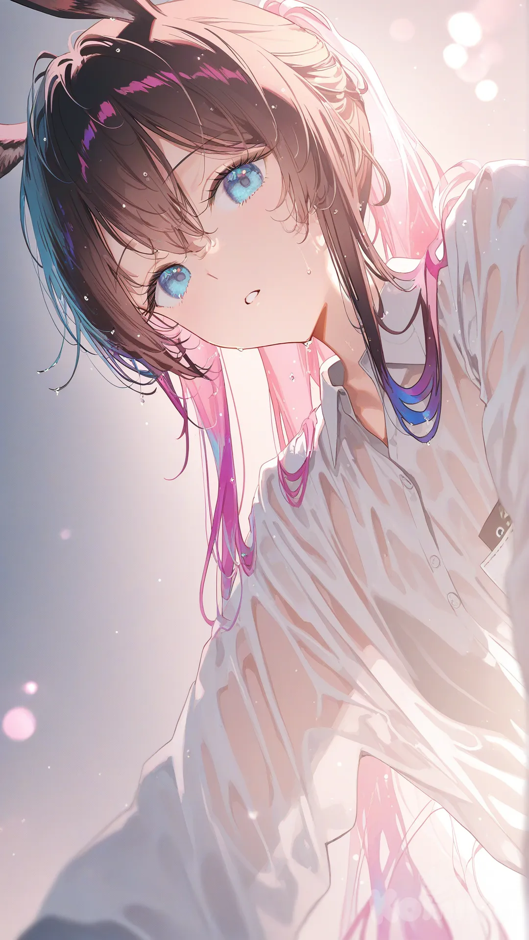 [iridescent-style], @Amiya_(Arknights)，Low-angle close-up from below, bent over at a 90-degree angle, fabric clinging tightly to the curves of the chest due to gravity, strong backlight creating a semi-translucent effect, water droplets sliding across the surface., upper body, looking at viewer
