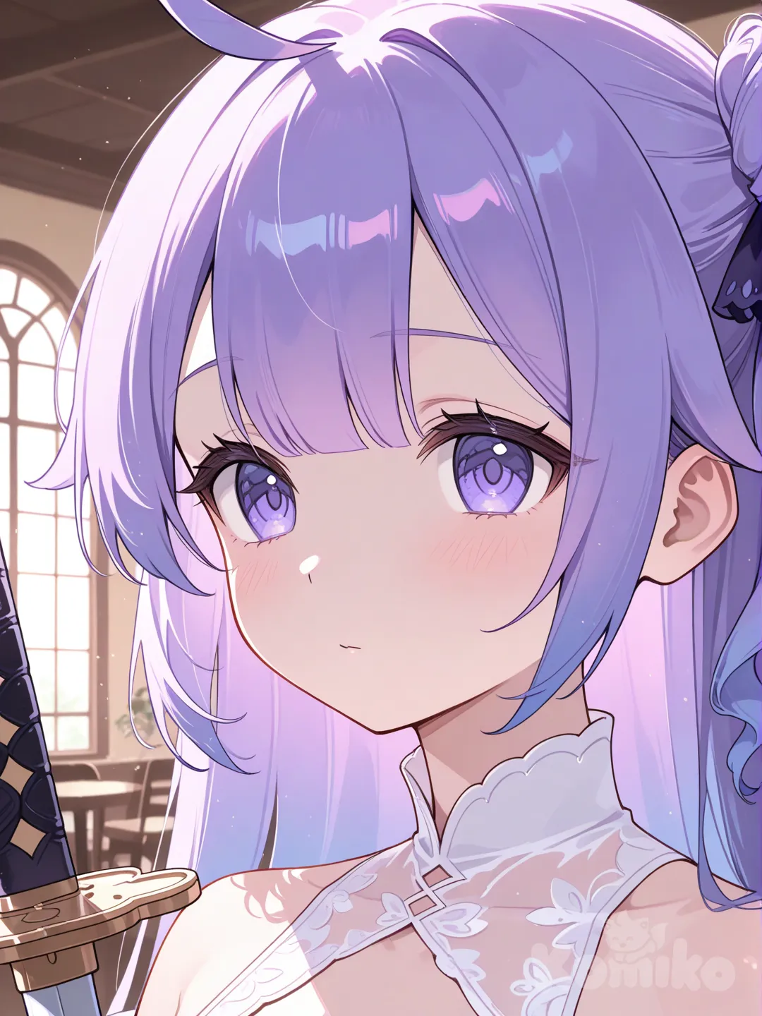 @Unicorn_(Azur_Lane), holding sword, headshot, ambient light, cafe