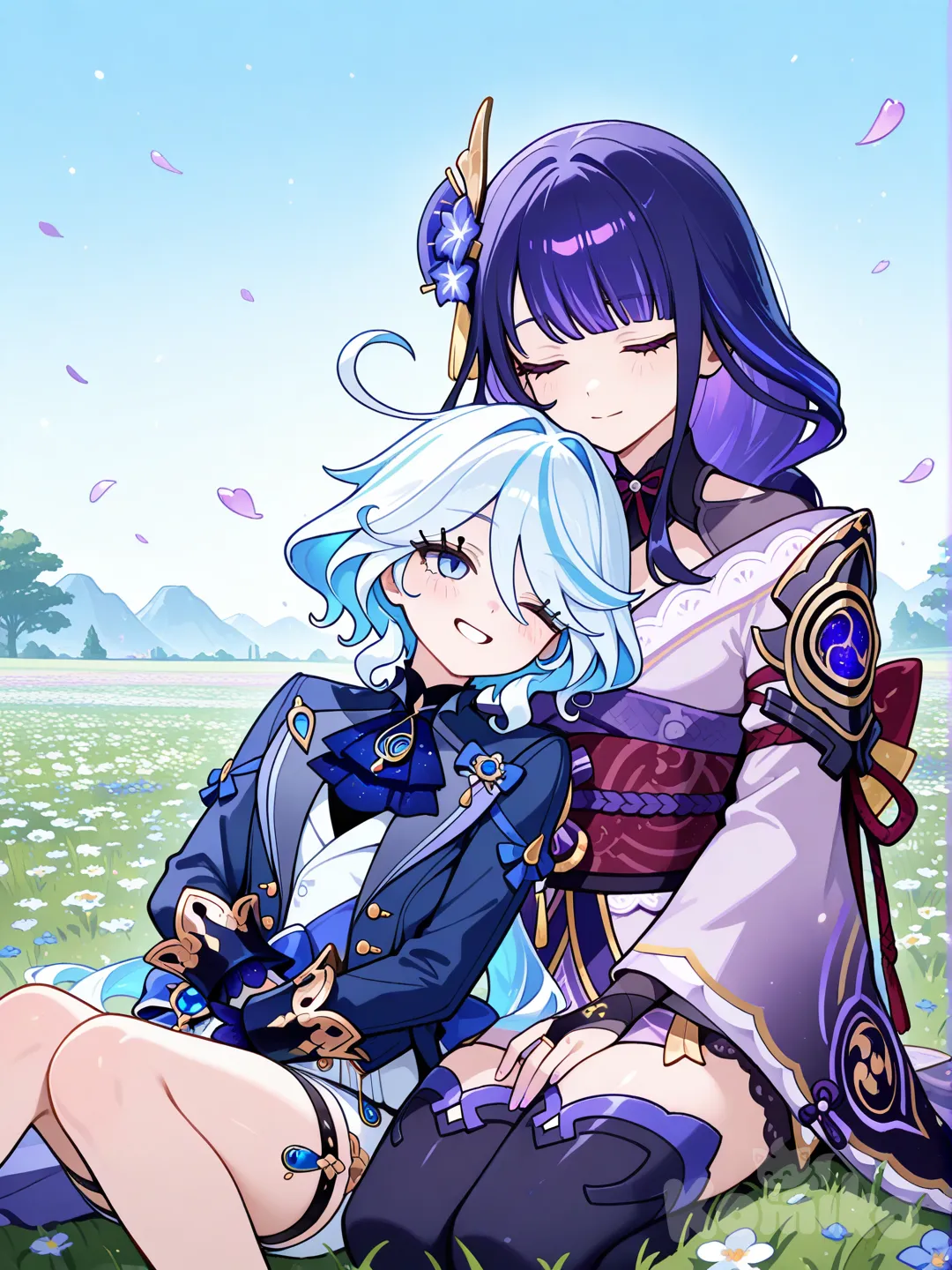 @Raiden_Shogun, @Furina_(Genshin_Impact), one eye closed, hugging, flower field