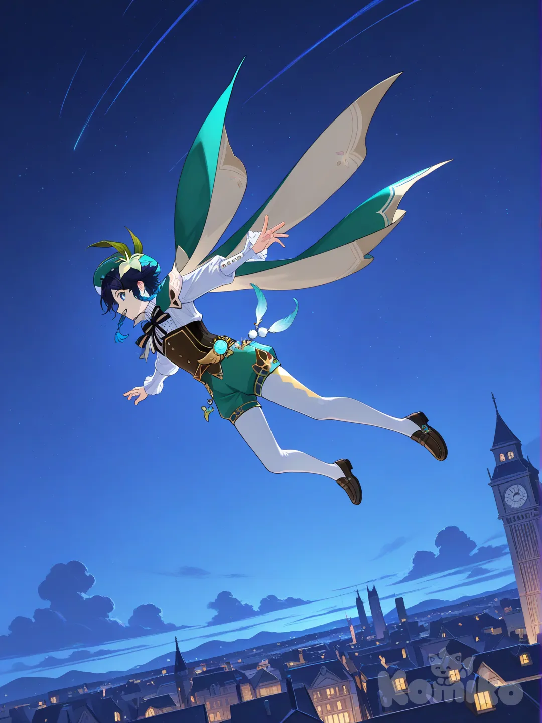 @Venti_(Genshin_Impact), jumping from rooftop, medium long shot, clock tower