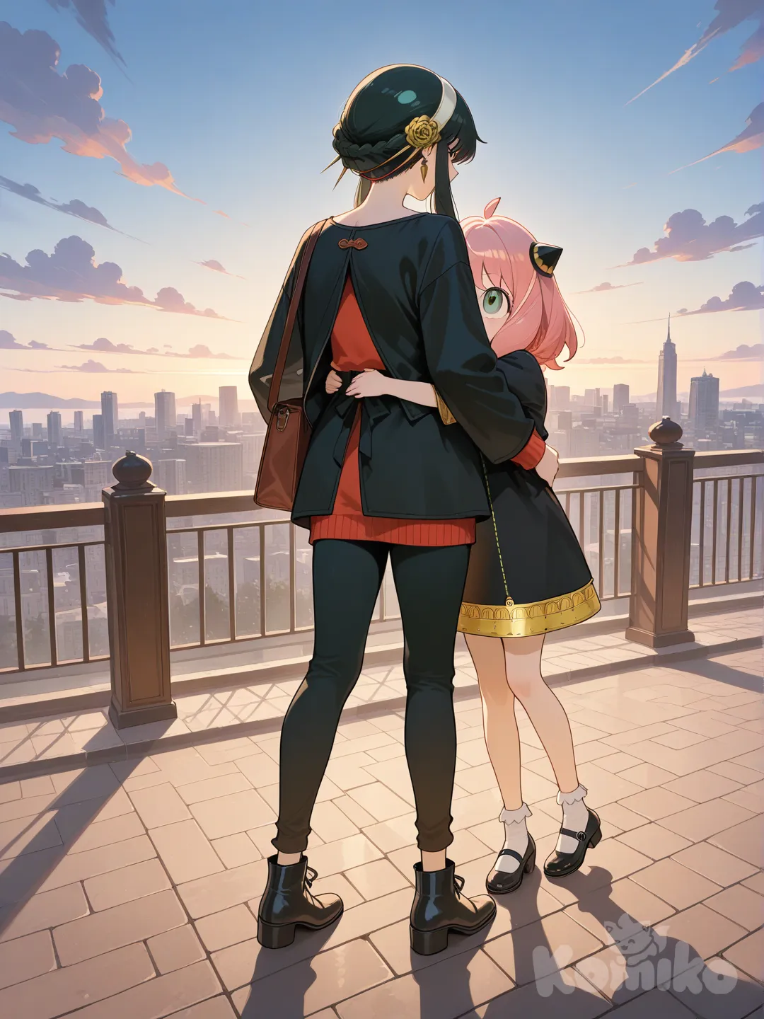 @Yor_Briar, @Anya_(Spy_X_Family), hugging, full body, cityscape