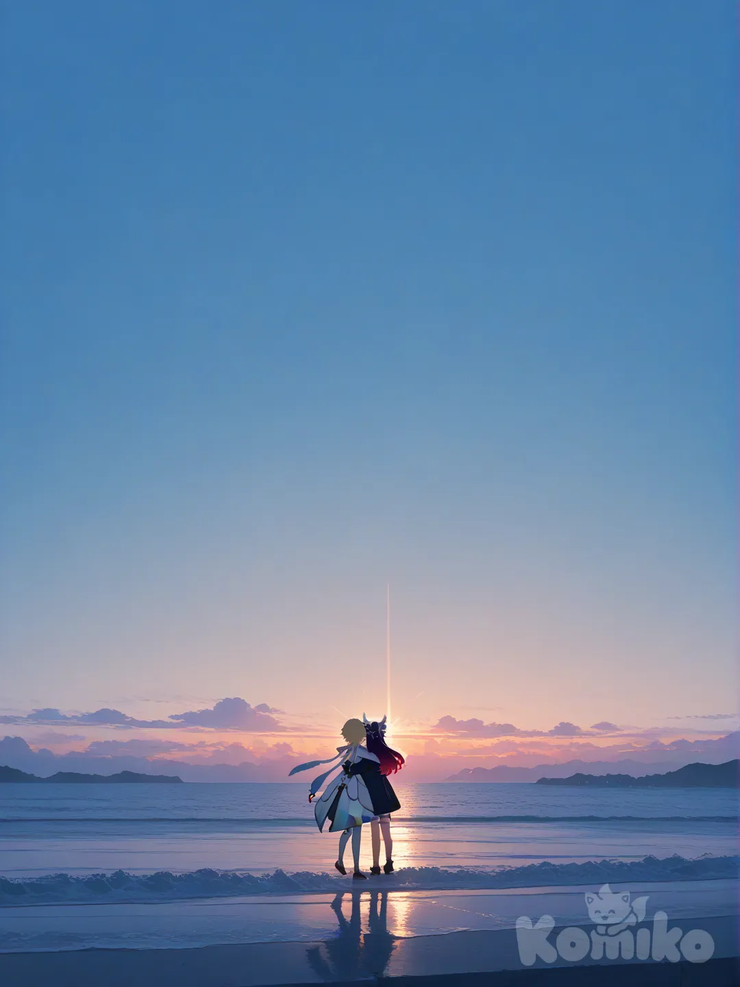 Lumine_(Genshin_Impact), Columbina_(Genshin_Impact), hugging, wide shot, ambient light, blue sky