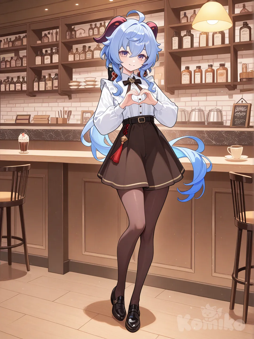 Ganyu (Genshin Impact), heart hands, full body, cafe