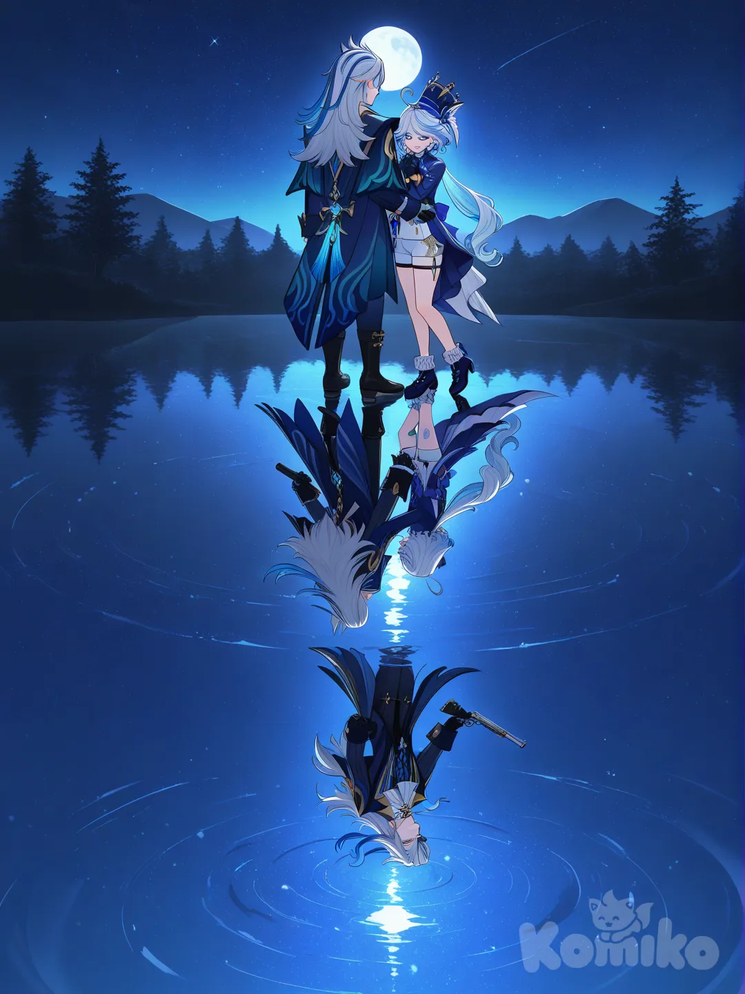 @Neuvillette_(Genshin_Impact), @Furina_(Genshin_Impact), holding gun, hugging, closeup, night, lake