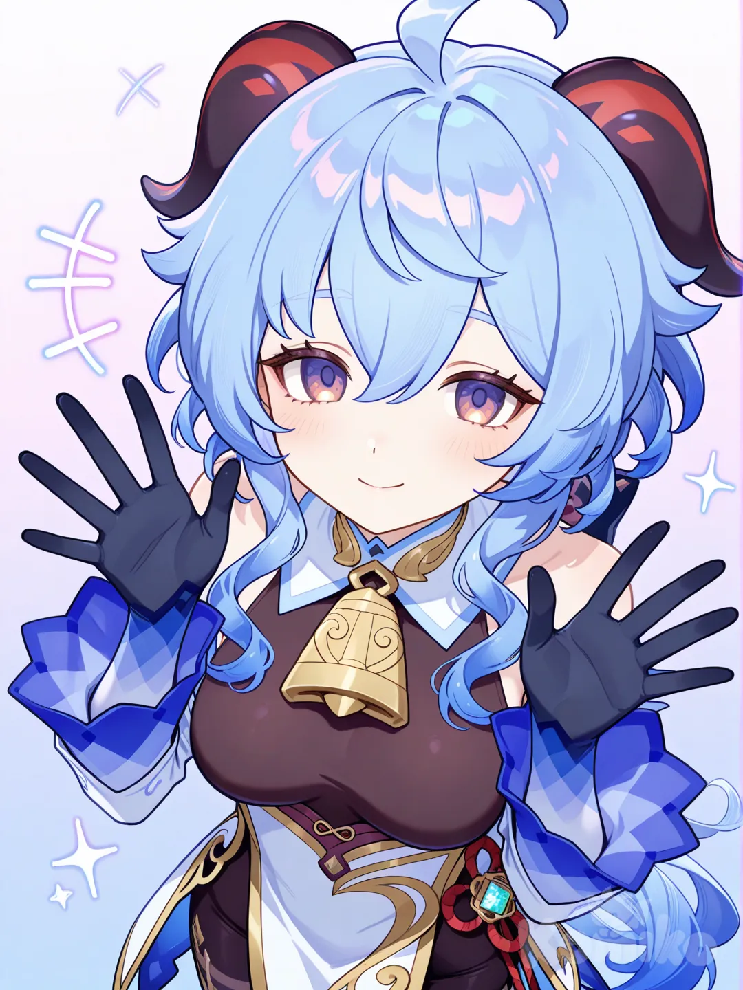 @Ganyu_(Genshin_Impact), waving, gradient background, neon lights, from above