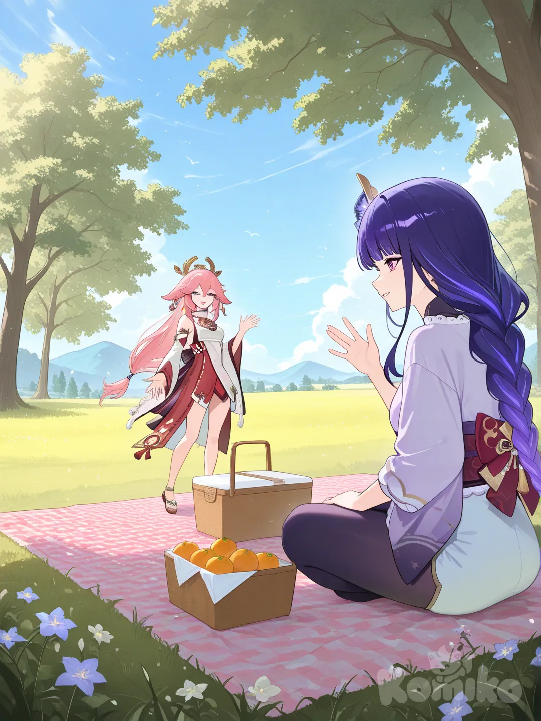Raiden Shogun, Yae Miko, waving, panoramic lens, picnic