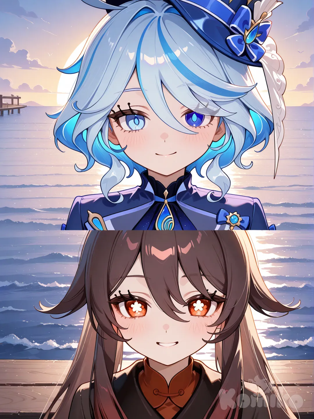 @Furina_(Genshin_Impact), @Hu_Tao_(Genshin_Impact), gathering together, headshot, rim light, pier