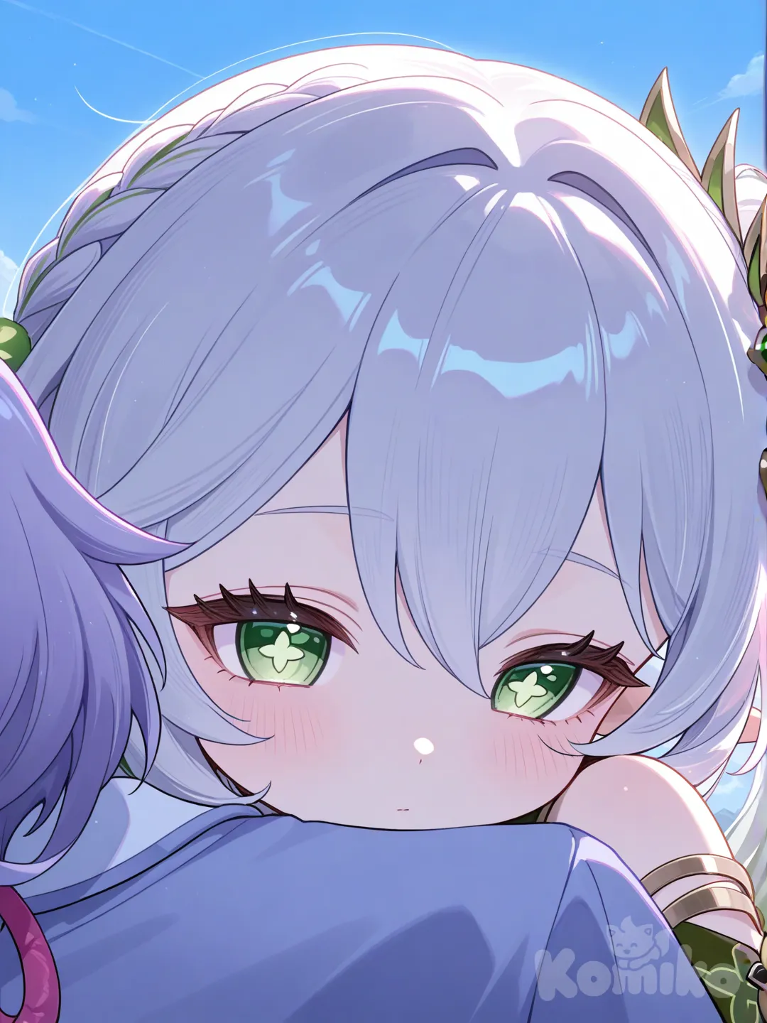 @Nahida_(Genshin_Impact), @Qiqi_(Genshin_Impact), hugging, closeup, side light, blue sky