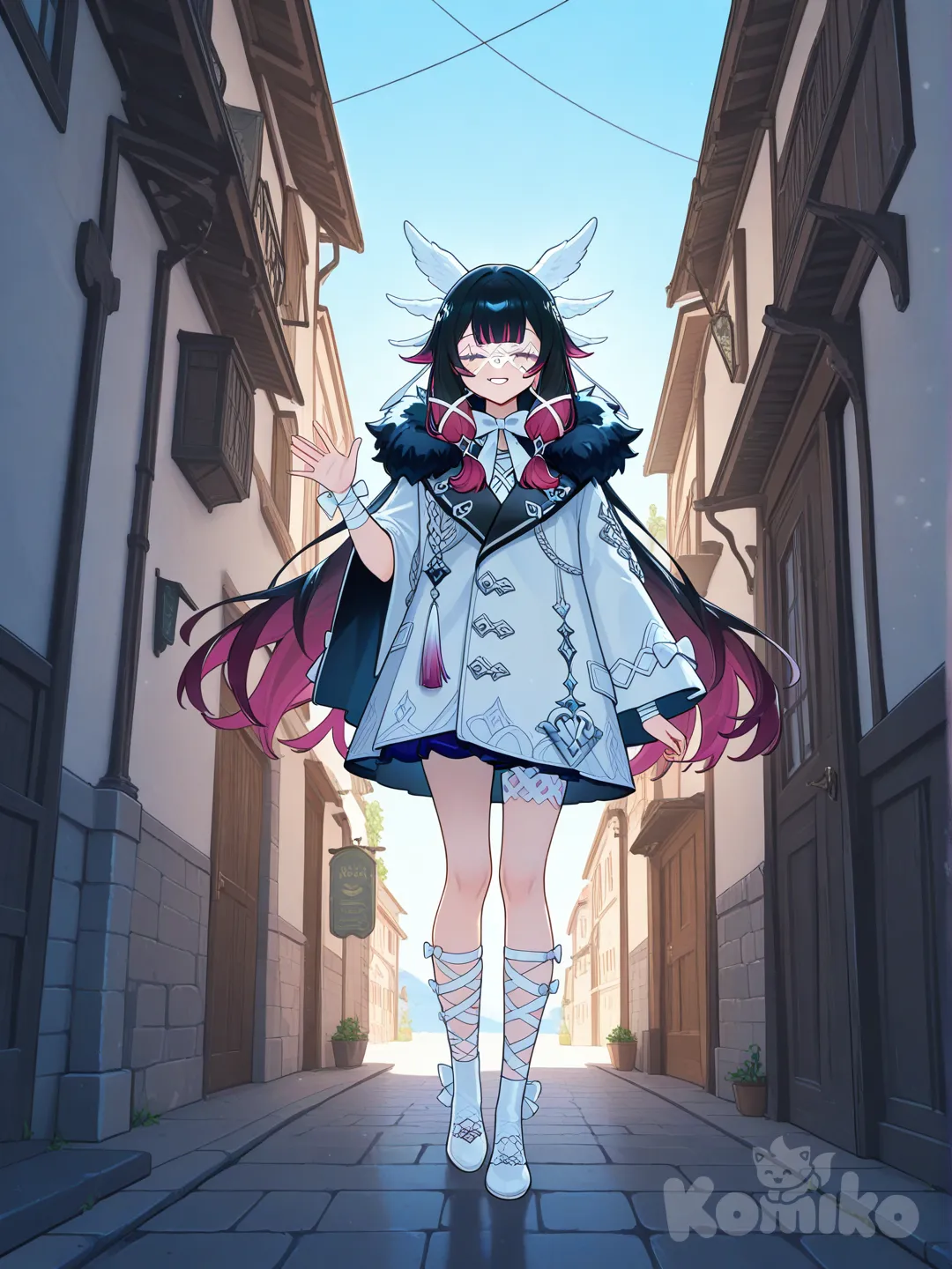 @Columbina_(Genshin_Impact), waving, full body, ambient light, side light, blue sky