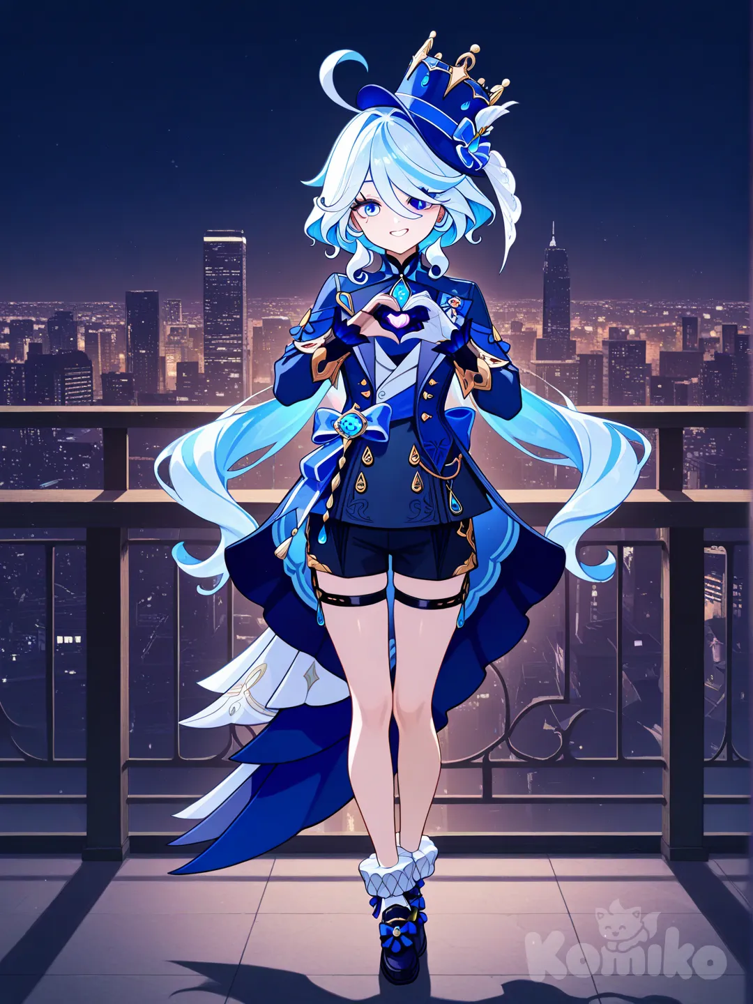 @Furina_(Genshin_Impact), heart hands, full body, city lights, side light, cityscape