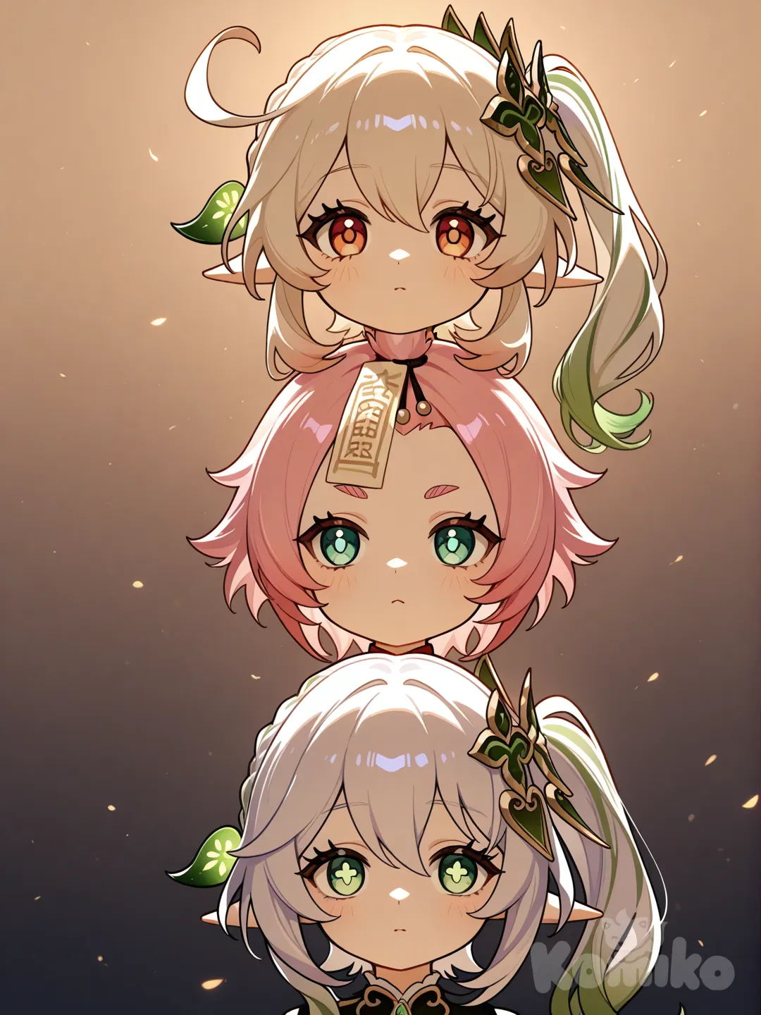 @Klee_(Genshin_Impact), @Nahida_(Genshin_Impact), @Diona_(Genshin_Impact), @Qiqi_(Genshin_Impact), picnic, headshot, looking away, cinematic lighting, gradient background