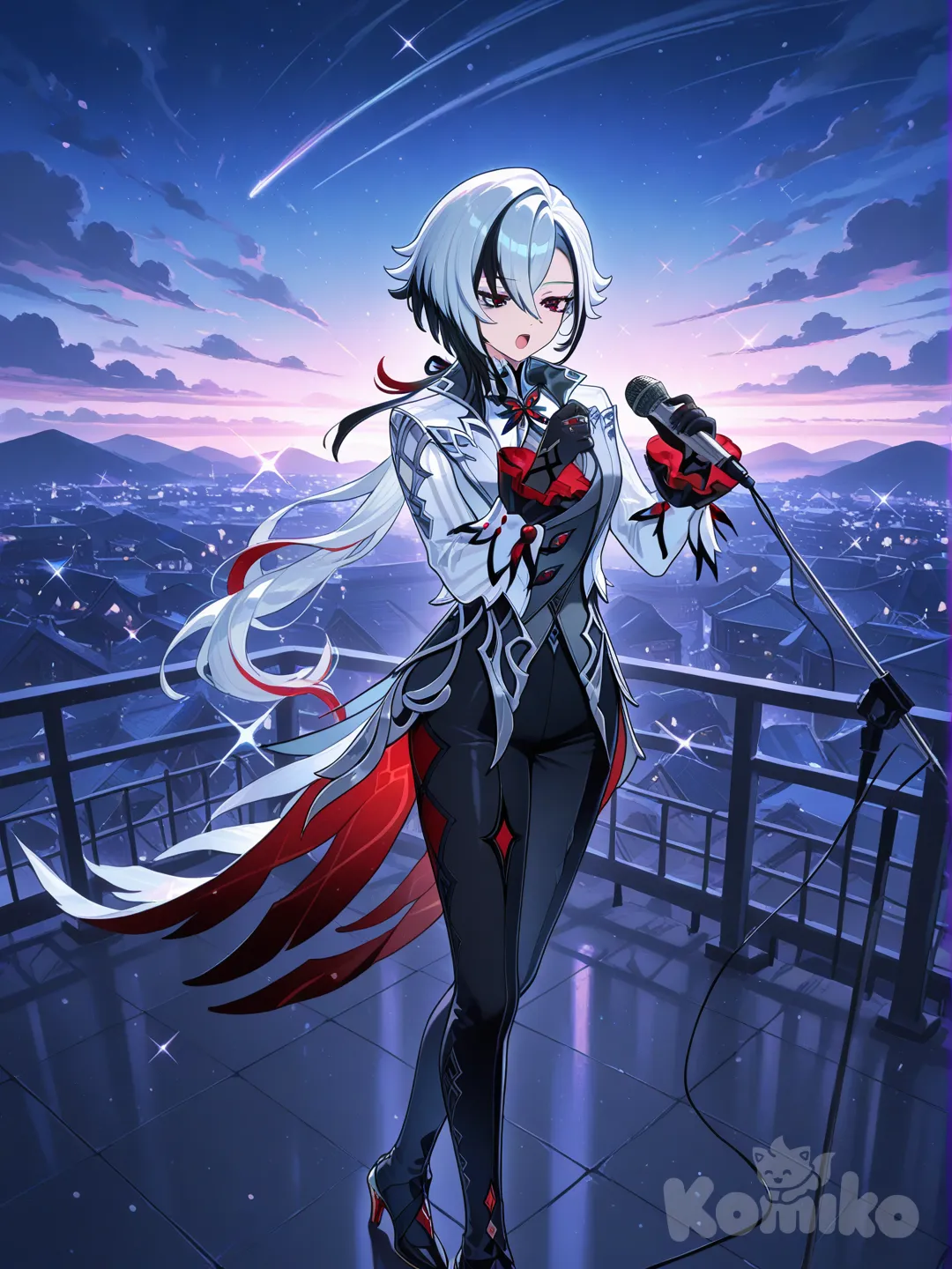 @Arlecchino_(Genshin_Impact), singing, one eye closed, wide shot, sparkle, cloud