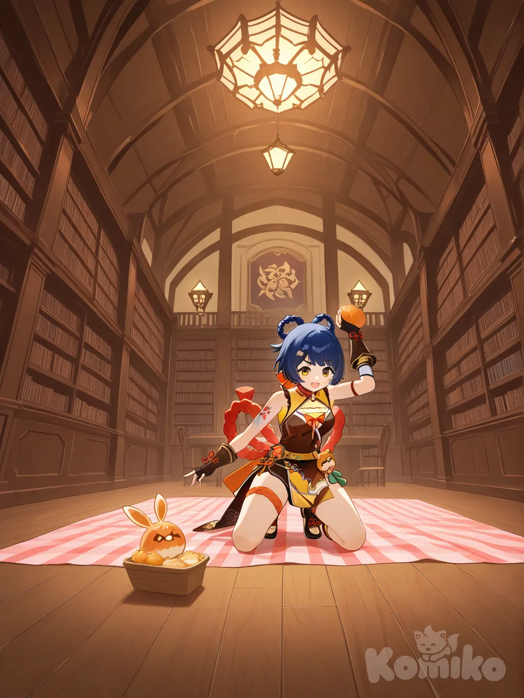 @Xiangling_(Genshin_Impact), @Yoimiya_(Genshin_Impact)битва едой, picnic, headshot, cinematic lighting, stage light, day, library