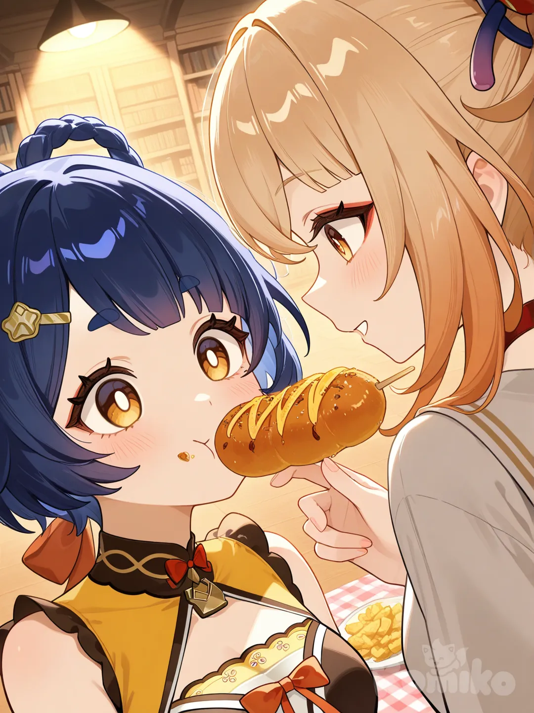 Xiangling (Genshin Impact), Yoimiya (Genshin Impact)битва едой, picnic, headshot, cinematic lighting, stage light, day, library