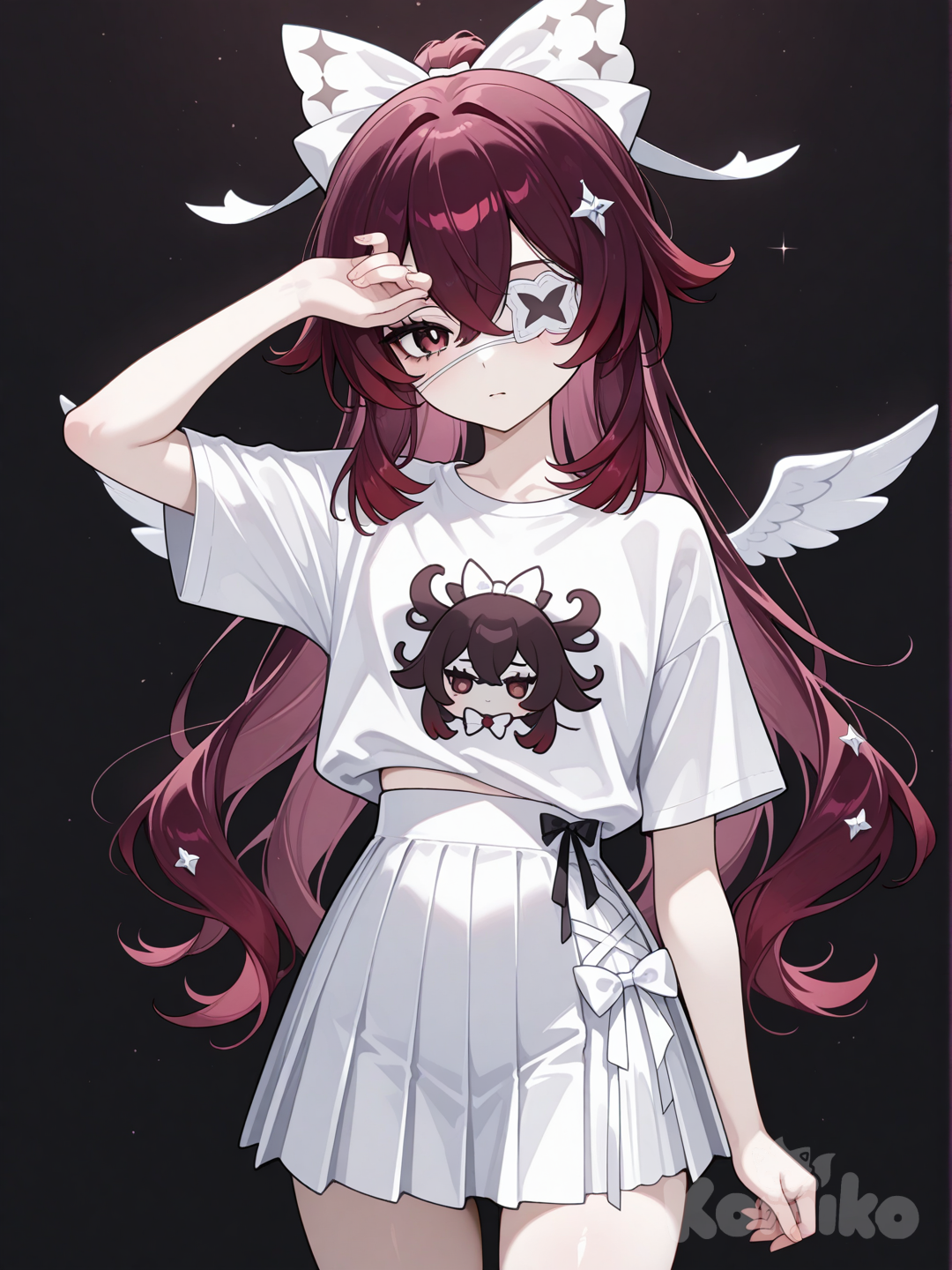 1girl , genshin impact style, teenager, slim, maroon hair, brown eyes, fair skin, white T-shirt, white eye patch (covers eyes), white long bow at waist, wings behind, short white skirt, single character, (character similar to columbine from genshin)