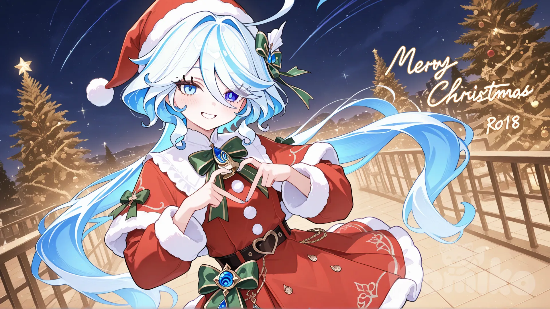 @Furina_(Genshin_Impact), merry christmas, santa costume, heart hands