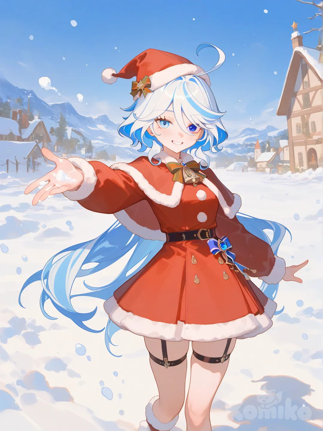 Furina (Genshin Impact), santa costume, [soft-shading-style], snow