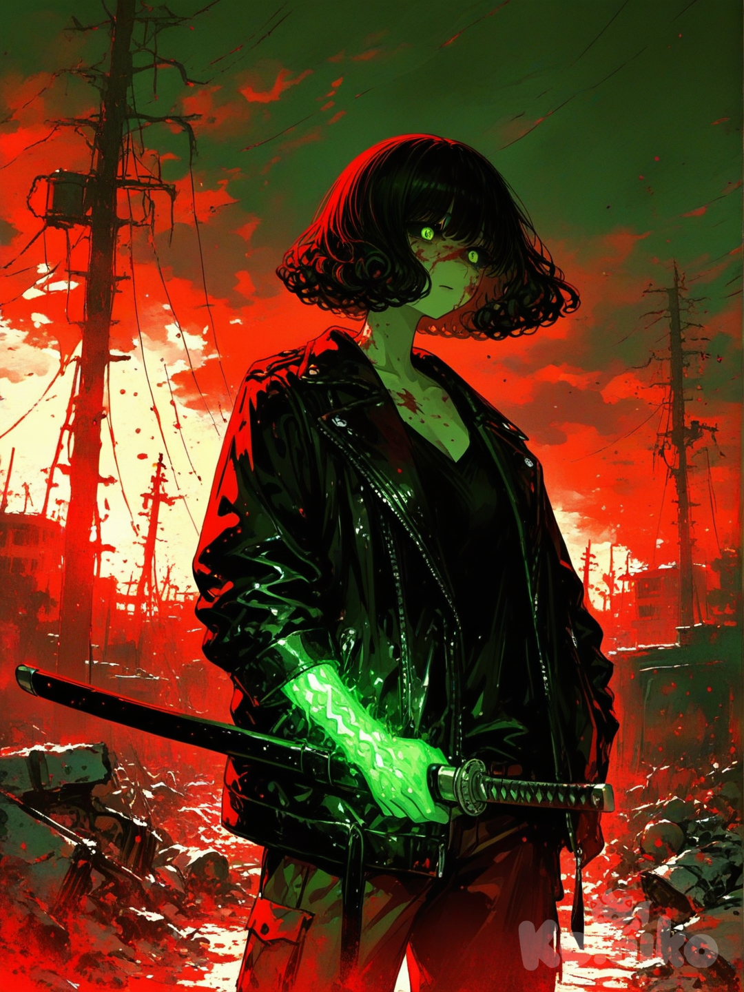 Uma mulher adulta, com cabelo médio chanel cacheado preto, com olhos verdes brilhando com a esclera totalmente preta , com blusa folgada e jaqueta de couro preta e com uma calça cargo preta e vermelha,com uma tatuagem no no braços brilhando ela ta em pé em meio de muitos cadáveres e tá com sangue no rosto, cinematic lighting, stage light, fundo de vilarejo queimado por raios e céu com tempestade muito perigosa , ela tá com duas katanas guardada é um semblante muito épica , e pouco assutada , [sweet-painting-style]