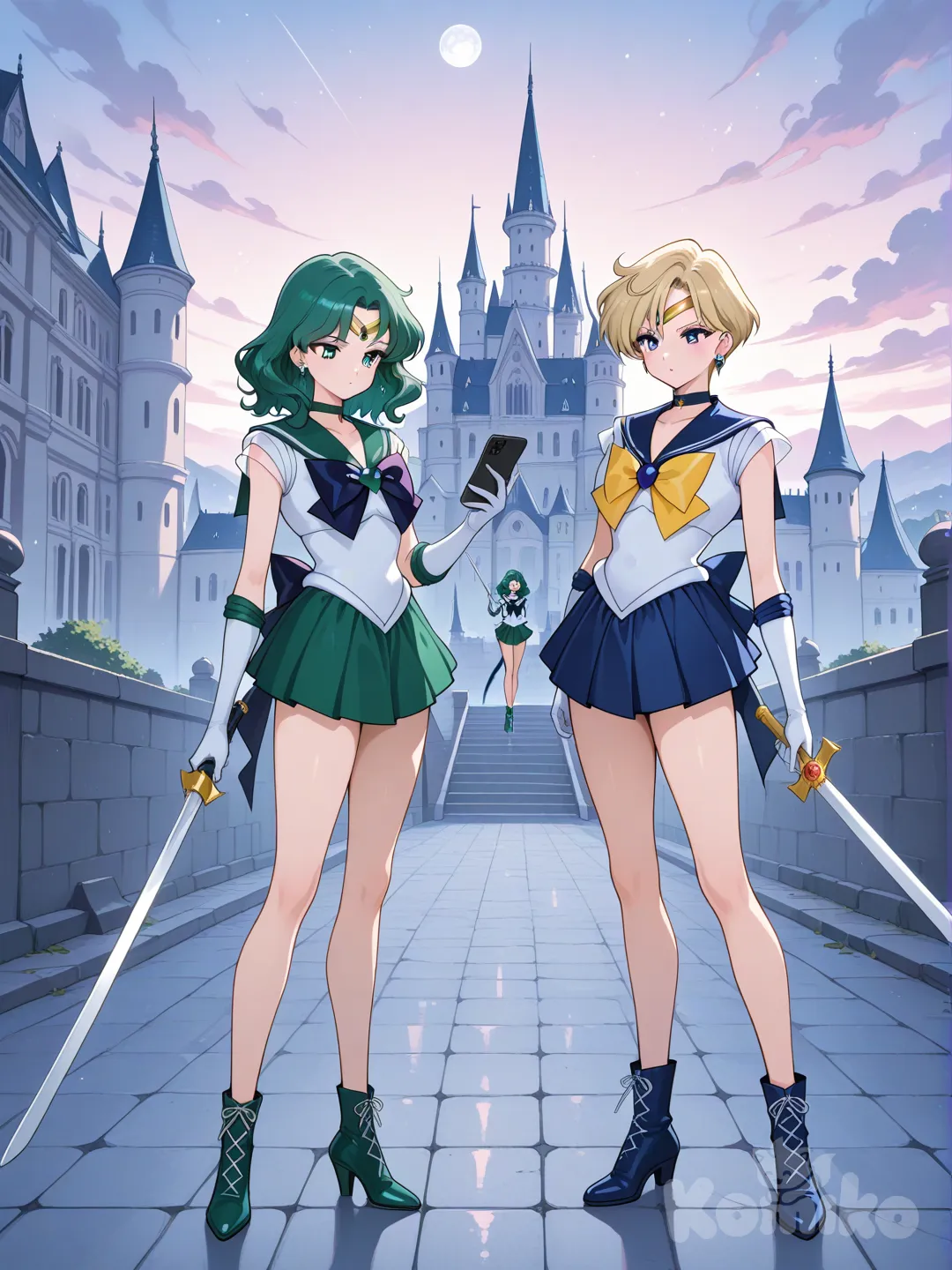 bishoujo senshi sailor moon s, sailor uranus, sailor neptune, holding sword, looking at phone, full body, day, castle