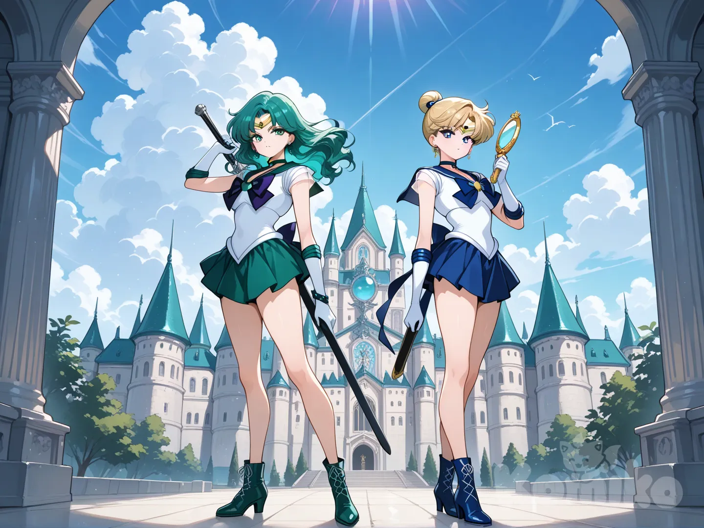 bishoujo senshi sailor moon s, sailor uranus, sailor neptune, holding space sword, holding aqua mirror, full body, day, castle