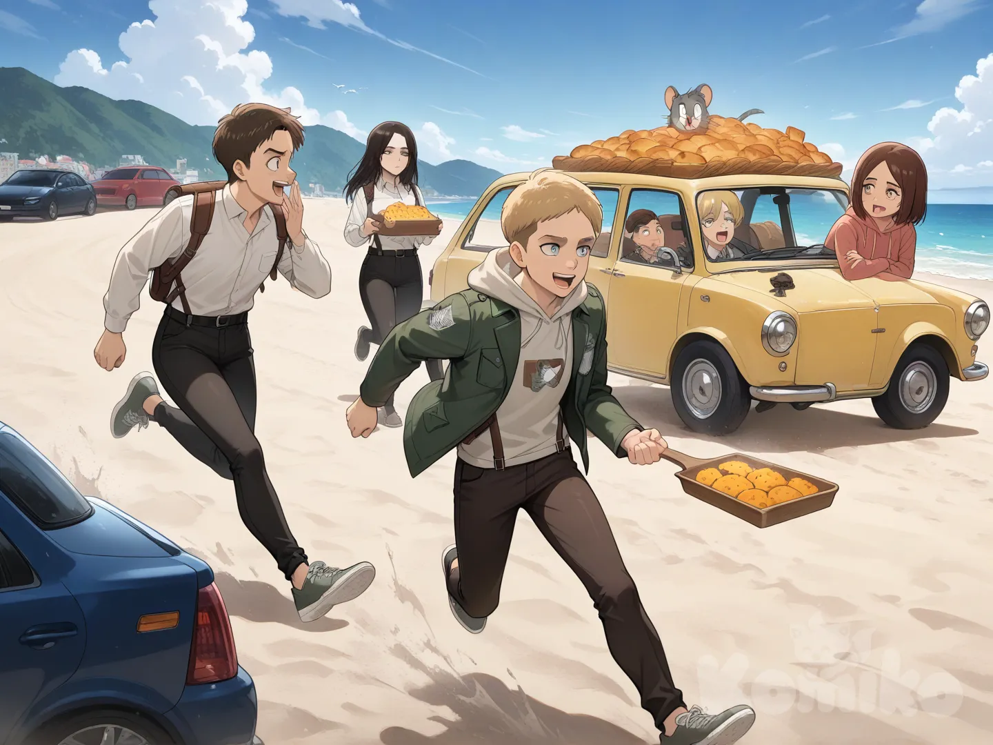 shingeki no kyojin, 2boys, 1girl, Jean Kirschtein, Connie Springer, Sasha Blouse, on car, beach, bakery, tiramisu, cheese, tom and jerry, chasing, expressionless, laughing