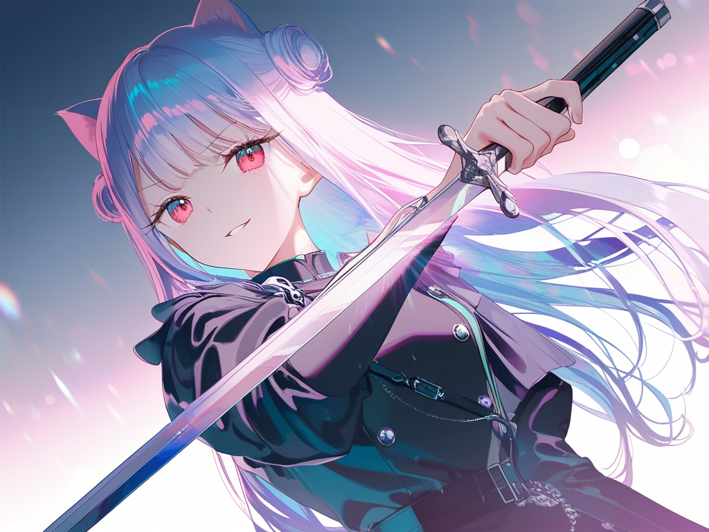 [iridescent-style], 1girl, holding sword, smirk, battle outfit, cat ears, straight bangs, high bun, long hair blue hair, pastel hair color, combat boots, olive green, gradient, full body, flickering light, mountain village, cloud, demon slayer oc