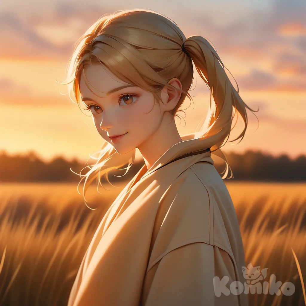 A photograph in the style of Annie Leibovitz captures a full-length view of a young athletic woman with long, vibrant blonde hair styled in playful pigtails, her confident brown eyes sparkling with a radiant smile. She stands poised gracefully against a softly blurred background of golden foliage and a field of tall, amber grasses gently swaying under the warm sunset light, elegantly adorned in a form-fitting minidress of white, gold, and crimson. At her feet, a delicate arrangement of musical notes subtly intertwines with the text "Luis Arcy," adding a poetic flourish to the scene, bathed in an autumnal glow with long, soft shadows enhancing her timeless beauty. The warm golden lighting evokes a sense of subtle power and understated elegance, creating a captivating portrait.