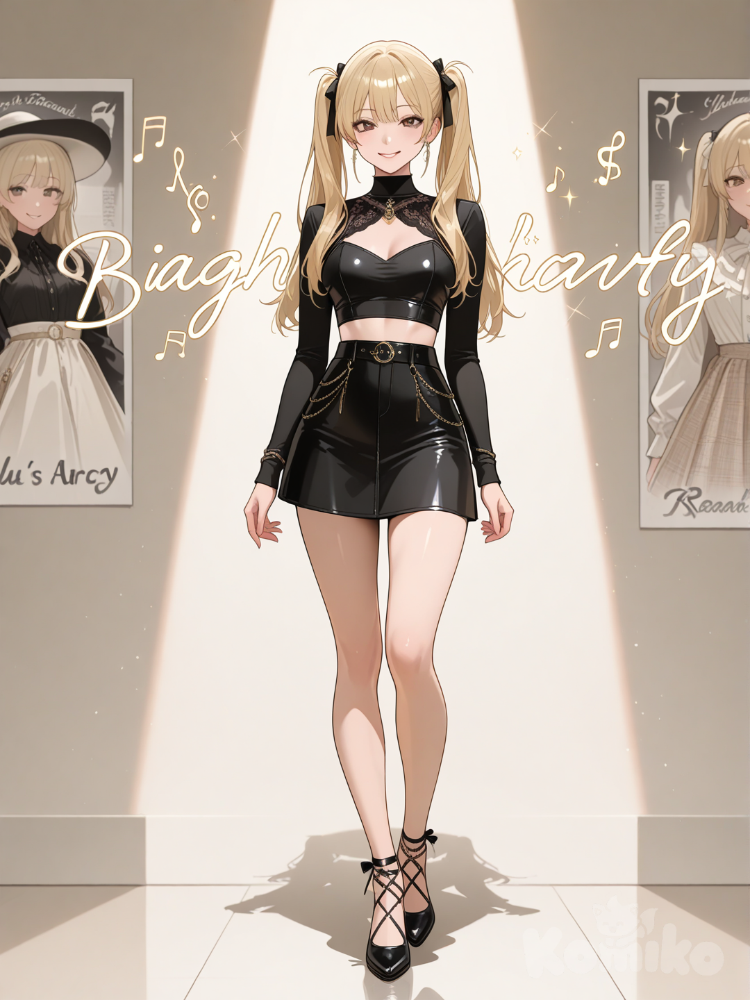 An ultra-detailed photograph shows a full-length, athletic, beautiful, and slender 25-year-old woman with a realistic body. She wears long, vibrant blonde hair in pigtails. Her brown eyes radiate confidence with a radiant smile The subject is a stunningly beautiful and sexy woman, dressed in an elegant and fashionable black outfit whit miniskirt. She gazes intently at the viewer, her eyes reflecting a mysterious depth. Su cabello luce liso y bien definido, con suaves notas musicales y el nombre "Luis Arcy" flotando suavemente alrededor de sus pies This mesmerizing portrait harmoniously blends fashion, poster-worthy photography, and a transcendent connection to the arts, creating a truly unforgettable visual experience.,