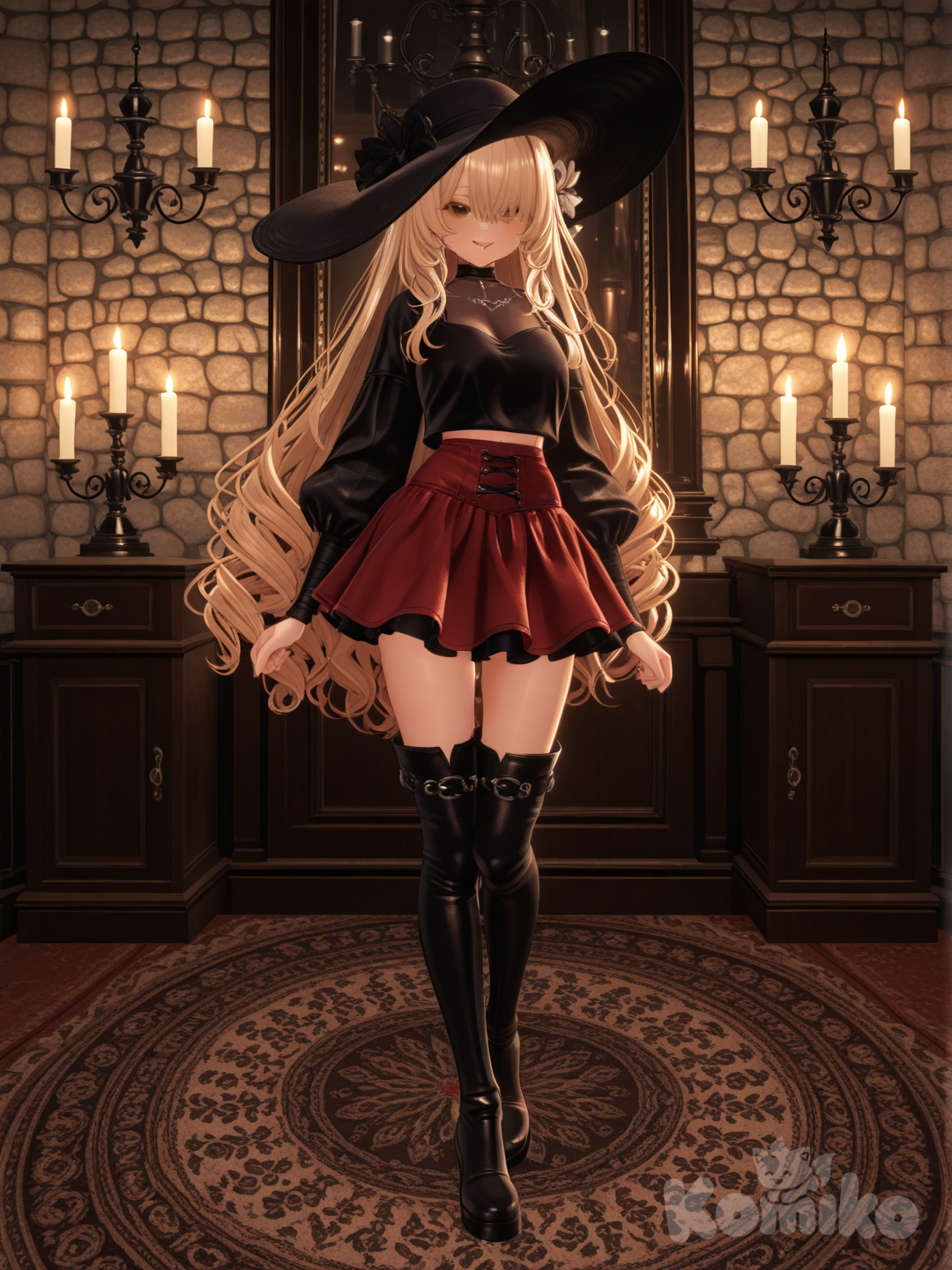 An ultra-detailed photograph shows a full-length, athletic, beautiful, and slender 25-year-old woman with a realistic body. capturing a stunning woman stand with super-long, straight blonde hair Her brown eyes radiate confidence with a radiant smile a captivating dark fantasy fashion scene, centered on a mysterious young woman standing adorned in a striking all-red ensemble, featuring long whith miniskirt, sleek boots and a wide-brimmed hat that partially obscures her face, creating an air of intrigue. The scene unfolds within a dimly-lit, gothic-style room, bathed in the warm, inviting glow of a majestic chandelier and the gentle flicker of candlelight, which dances across aged stone walls and intricate tapestries, adding depth and texture to the atmosphere. Ethereal musical notes gracefully swirl around her feet, intertwined with the delicate text "Luis Arcy," forming an enchanting aura, all set against a backdrop of deep crimson hues and a palpable sense of timeless elegance, anchored by a richly patterned Persian rug beneath her feet. The background features ornate bookshelves filled with ancient tomes and scattered, antique musical instruments, completing the scene’s opulent, mysterious charm.