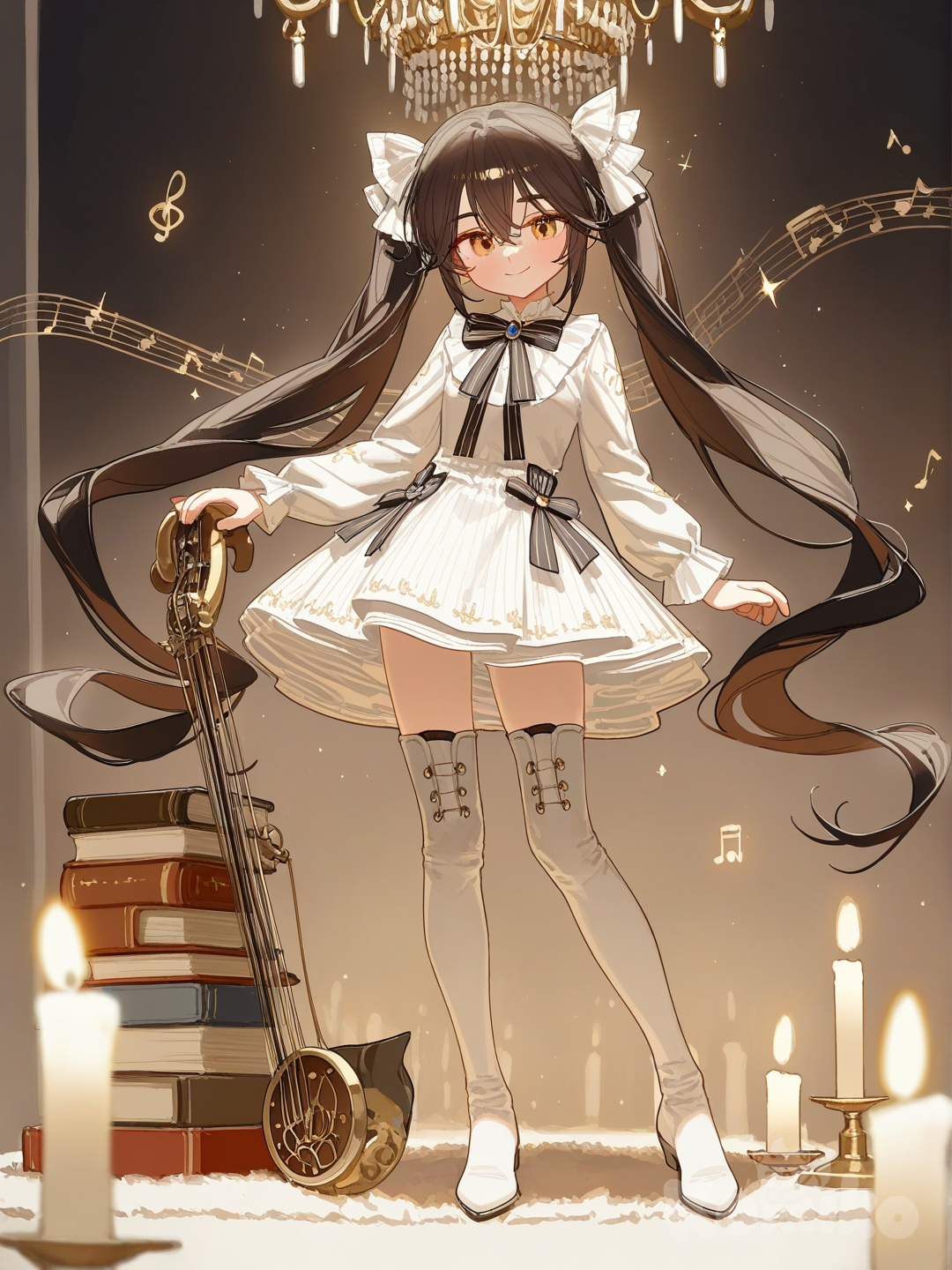 The photo depicts a full-length, athletic young woman with long, vibrant black hair tied back in pigtails. Her brown eyes radiate confidence with a radiant smile a captivating dark fantasy fashion scene, centered on a mysterious young woman standing adorned in a striking all-white ensemble and miniskirt , featuring long, sleek boots, creating an air of intrigue. The scene unfolds within a dimly-lit, gothic-style room, bathed in the warm, inviting glow of a majestic chandelier and the gentle flicker of candlelight, which dances across aged stone walls and intricate tapestries, adding depth and texture to the atmosphere. Ethereal musical notes gracefully swirl around her feet, intertwined with the delicate text "Luis Arcy," forming an enchanting aura, all set against a backdrop of deep crimson hues and a palpable sense of timeless elegance, anchored by a richly patterned Persian rug beneath her feet. The background features ornate bookshelves filled with ancient tomes and scattered, antique musical instruments, completing the scene’s opulent, mysterious charm