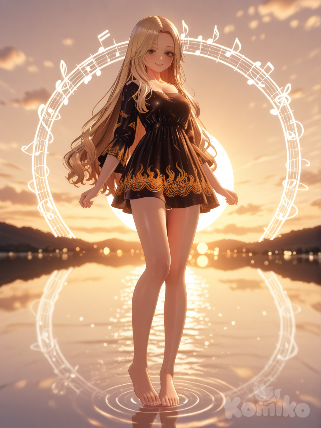 An ultra-detailed photograph shows a full-length, athletic, beautiful, and slender 25-year-old woman with a realistic body. capturing a stunning woman stand with super-long, straight blonde hair Her brown eyes radiate confidence with a radiant smile standing by a serene lake at golden hour. She wears an exquisitely detailed silk mini dress adorned with phoenix and cloud motifs, her figure elegantly framed by blooming lotus flowers and soft bokeh reflections. The warm, high-contrast light highlights the intricate details of her attire and surroundings Su cabello luce liso y bien definido, con suaves notas musicales y el nombre "Luis Arcy" flotando suavemente alrededor de sus pies reflejando su pasión por la música y el arte.