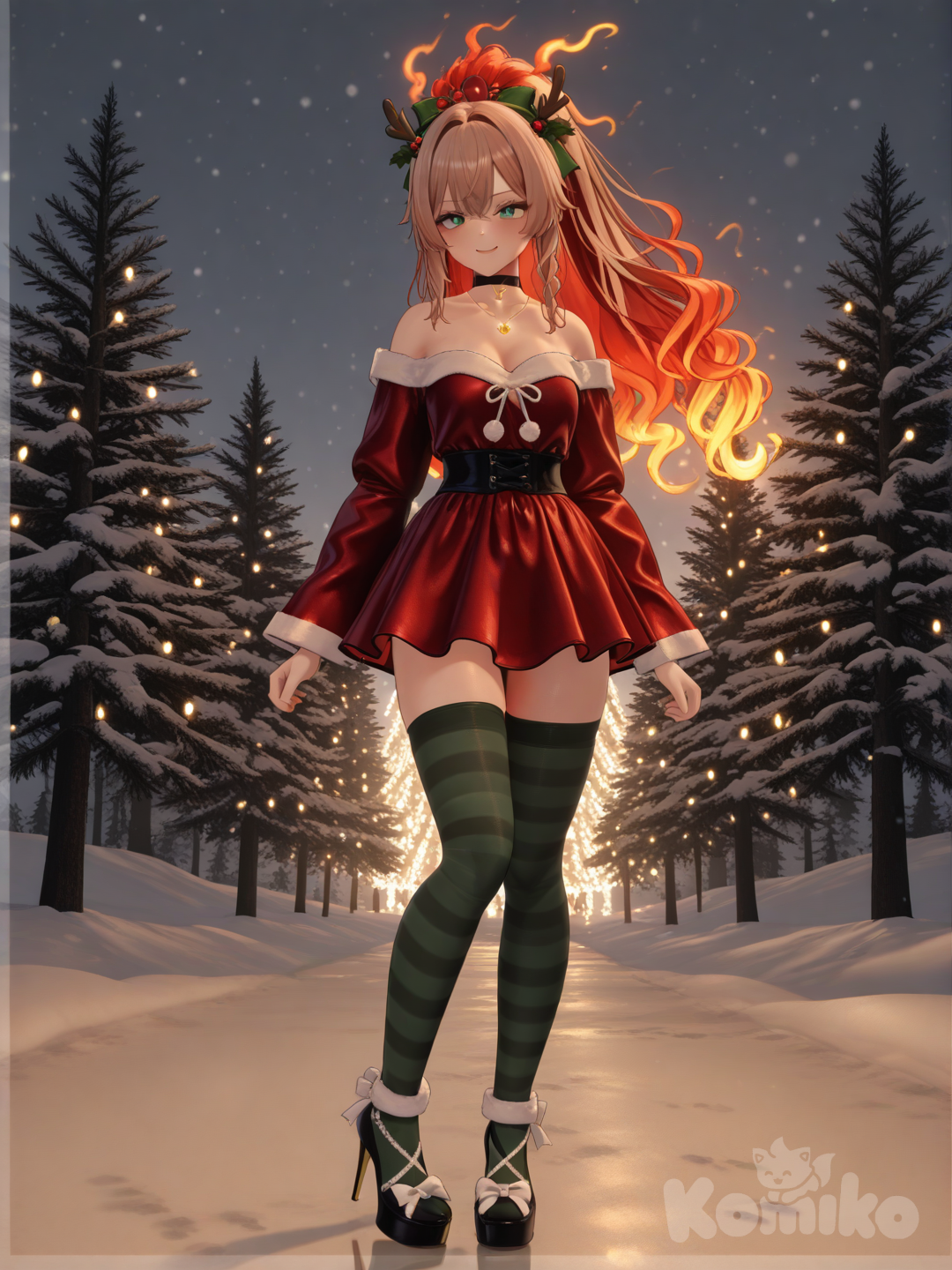 An ultra-detailed photograph shows a full-length athletic young woman de 25 años, hermosa, con un cuerpo realista. with long, vibrant red hair in pigtails. Her brown eyes radiate confidence with a radiant smile with a striking presence, her vibrant, fiery ginger hair pulled back into a sleek ponytail, her sparkling bright green eyes conveying unwavering confidence; she is adorned in a dark red mini dress featuring elegant off-the-shoulder detailing and long sleeves, complemented by a dark choker necklace with a light brown/gold pendant and striped dark gray and brownish-green thigh-high socks paired with sophisticated stiletto heels. The background features twinkling lights and a snow-covered landscape with trees, creating a magical Christmas atmosphere. The warm, festive lighting envelops the figure in a Christmas-themed glow, and the artist's signature style brings the winter wonderland scene to life, transforming it into an enchanting masterpiece. Su cabello luce liso y bien definido, con suaves notas musicales y el nombre "Luis Arcy" flotando suavemente alrededor de sus pies reflejando su pasión por la música y el arte.