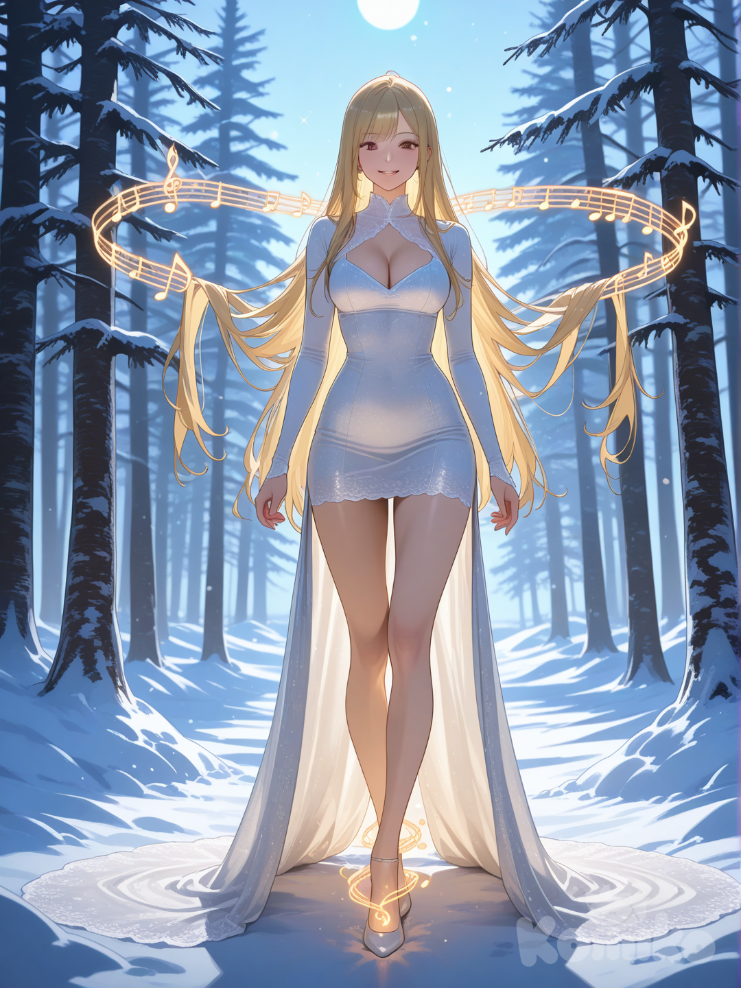 An ultra-detailed photograph shows a full-length, athletic, beautiful, and slender 25-year-old woman with a realistic body. capturing a stunning woman stand with super-long, straight blonde hair Her brown eyes radiate confidence with a radiant smile elegantly adorned in a tight, white silk mini dress and a deep neckline, gazing directly into the camera. Behind her, a softly blurred snowy landscape of towering pine trees is gently illuminated by subtle, diffused moonlight, establishing a serene and ethereal backdrop, all bathed in warm, diffused lighting. Delicate, golden musical notes gracefully ascend from the ground, artfully intertwining with the elegant text "Luis Arcy" swirling around her form, while a solitary golden note rests softly at her feet, creating a visual narrative of delicate strength and understated beauty; the scene showcases a striking contrast between her vibrant eyes and the stark white of her dress, anchored by the depth of the winter forest."
