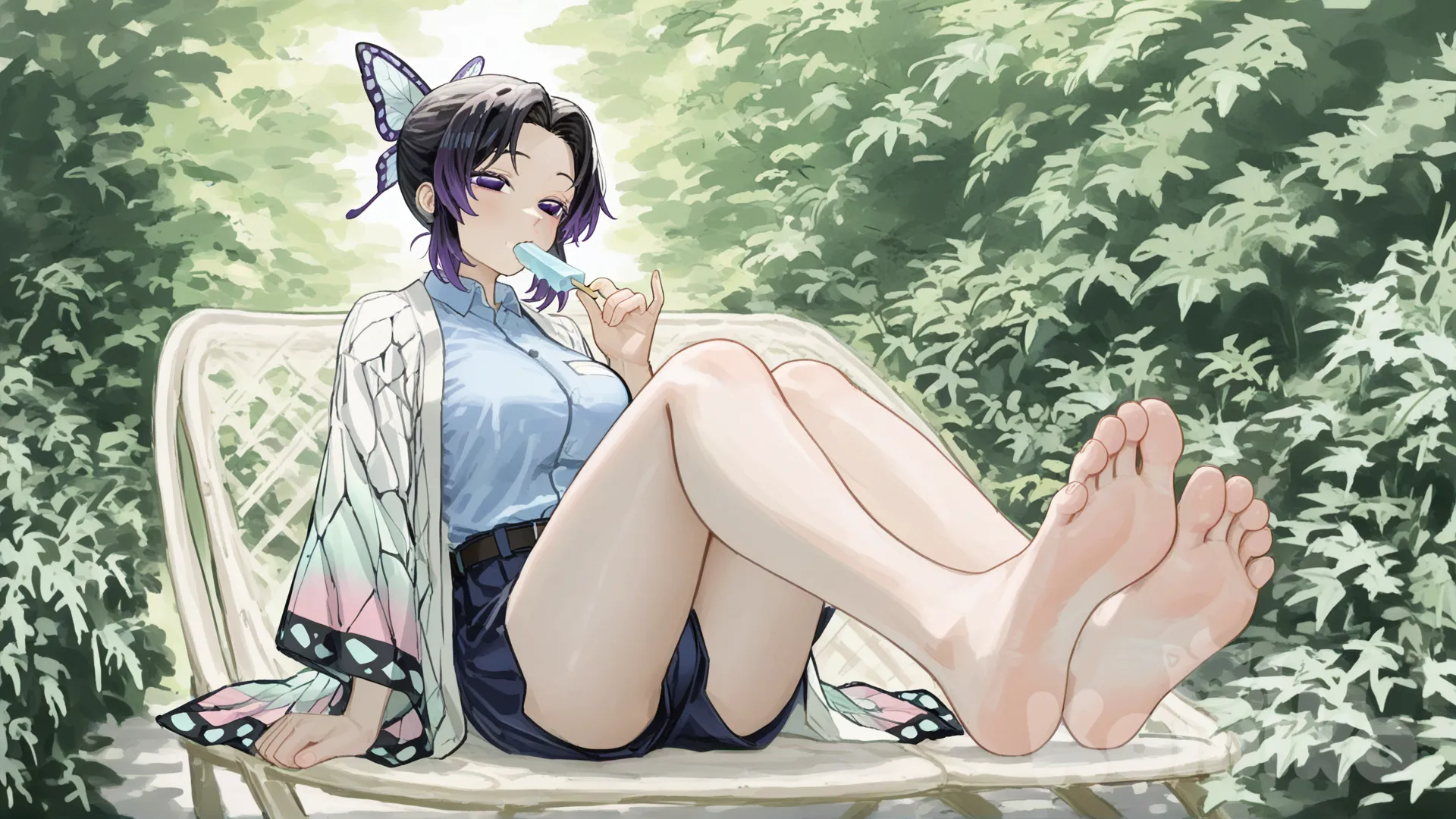 Kochou Shinobu, comiendo helado, large breasts, feet, [soft-painterly-style], garden