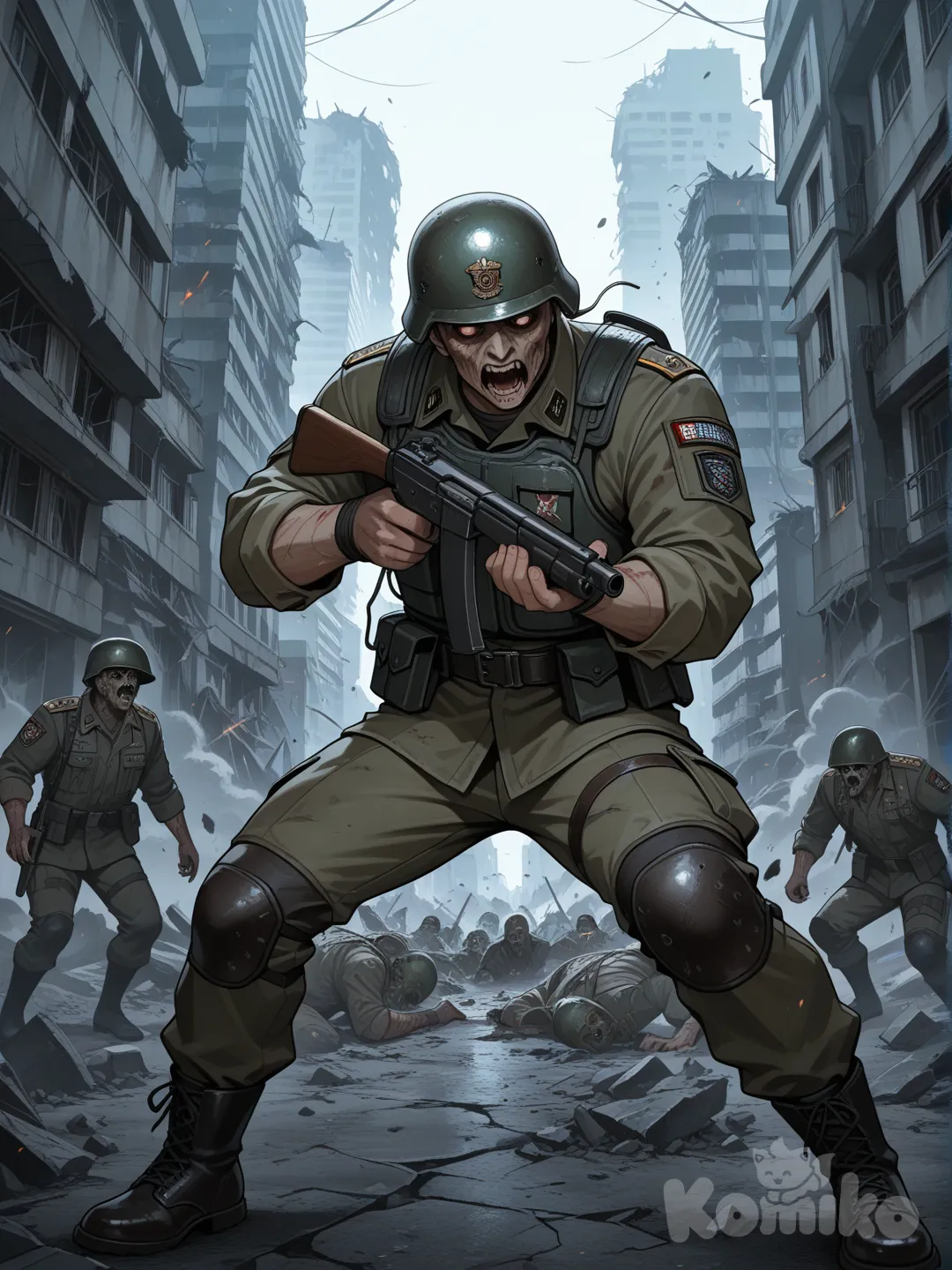 male soldier,wearing military helmet, fighting zombies, background with destroyed city