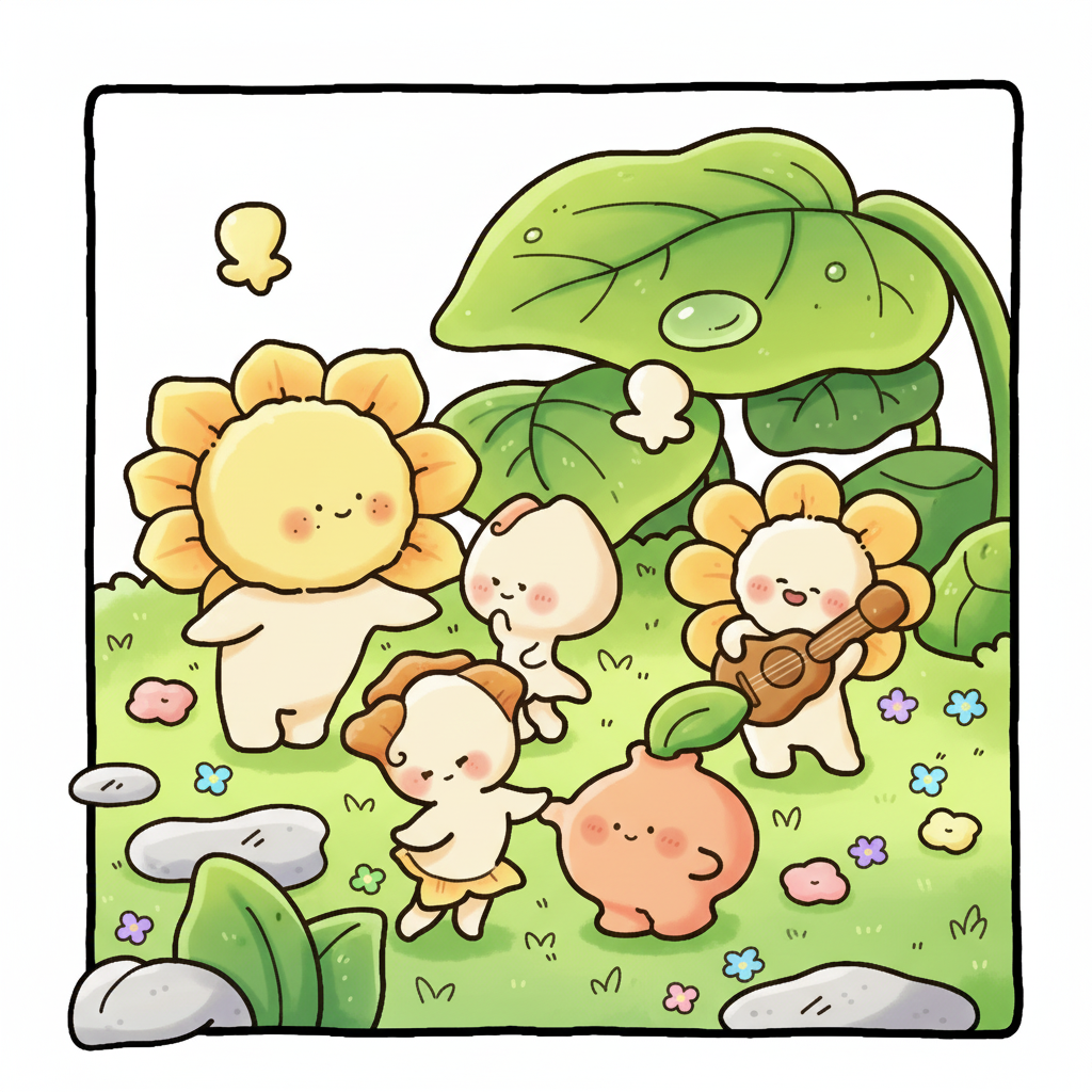 Color this garden friends flower illustration in a bright cozy nature style with soft fresh colors and gentle gradient shading, avoid dull colors and avoid flat coloring. Characters should have soft rounded shading and blush accents. Flowers should include layered petal colors and gradient details. Leaves should include layered green tones and vein textures. Ground should include grass clusters, tiny flowers and small stones. Add natural detail elements like petal gradients, leaf veins, shadow depth and small environmental accents. Use vibrant commercial coloring book rendering, gentle garden lighting, medium high detail and professional cute illustration finish.